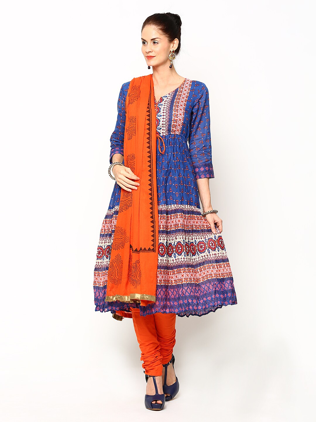 Rain & Rainbow Women Blue & Orange Anarkali Churidar Kurta with Dupatta (multicolor)