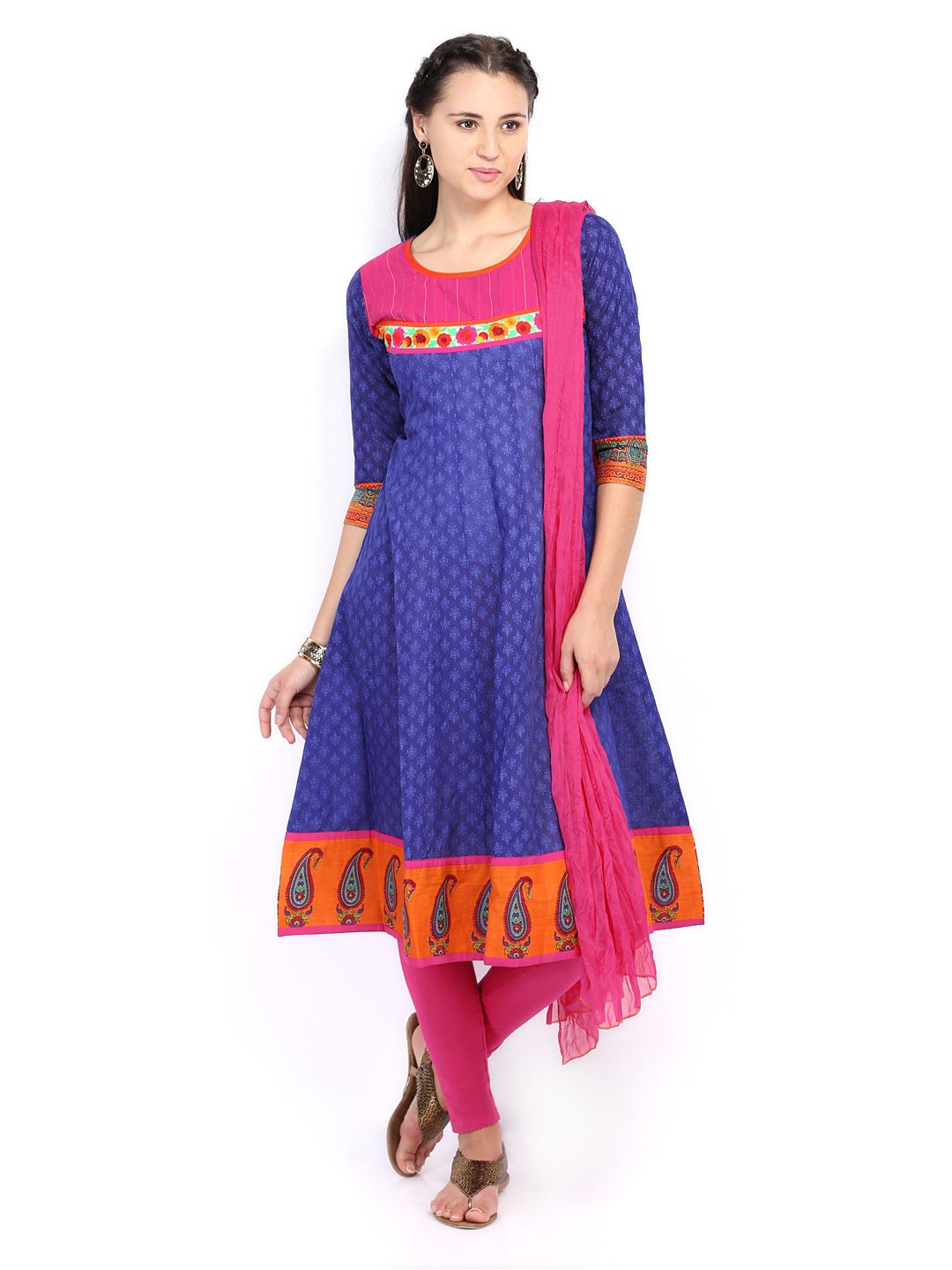 Span Women Blue & Pink Printed Anarkali Churidar Kurta with Dupatta (multicolor)