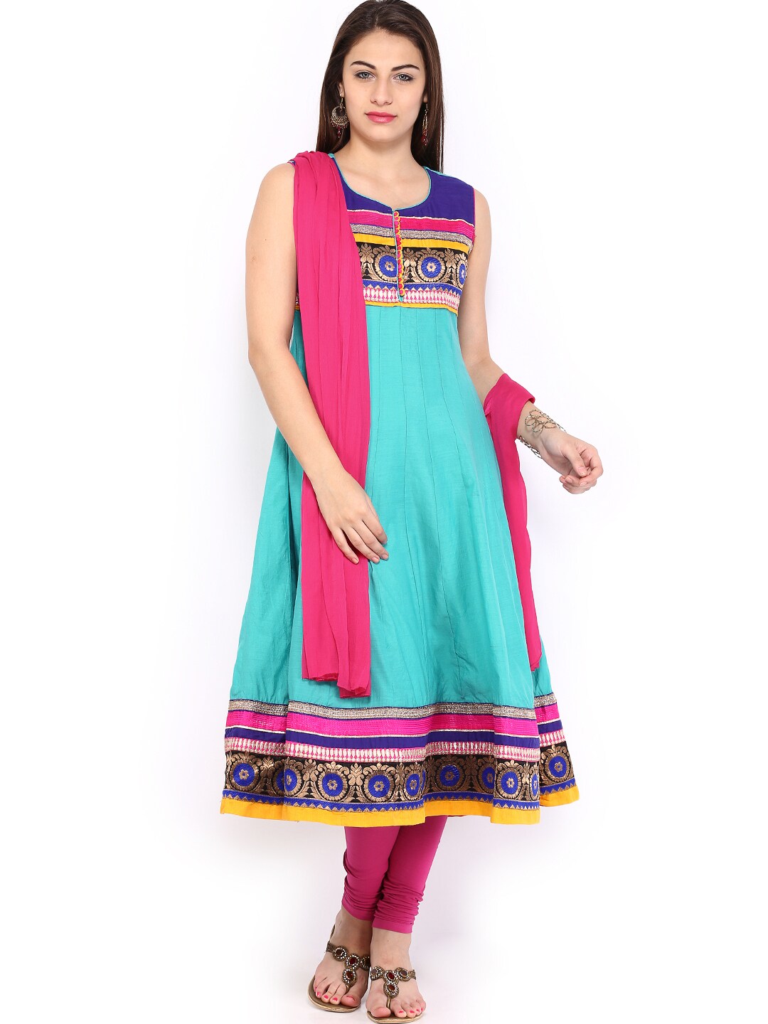 Span Women Turquoise Blue & Pink Silk Anarkali Churidar Kurta With Dupatta (multicolor)