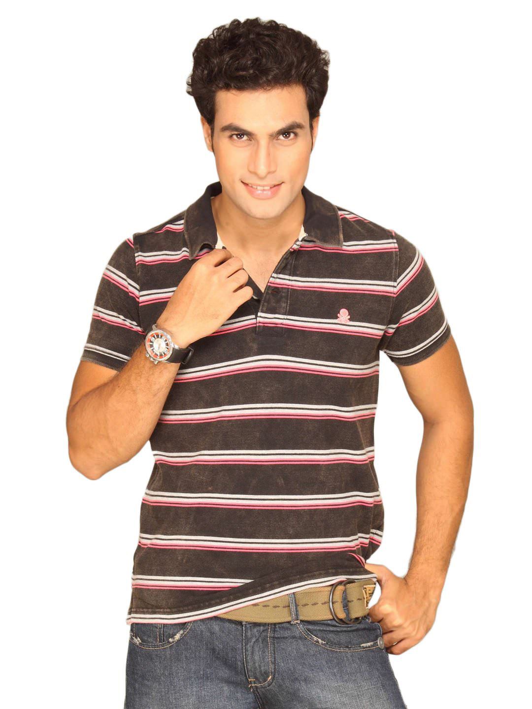 UCB Men's Polo Neck Striper Heavy Wash Black Pink T-shirt