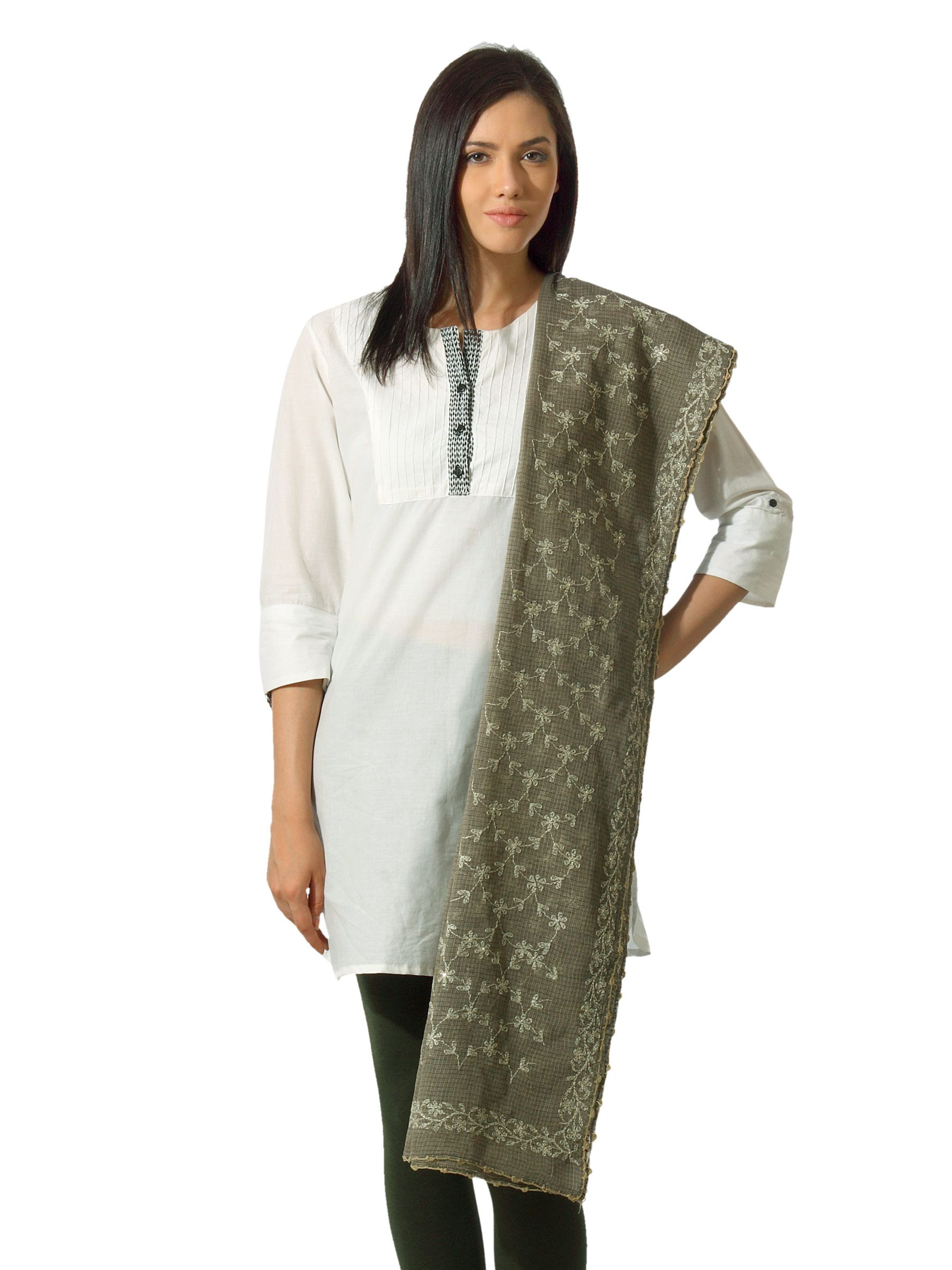 Fabindia Women Silk Kota Tepchi Olive Dupatta