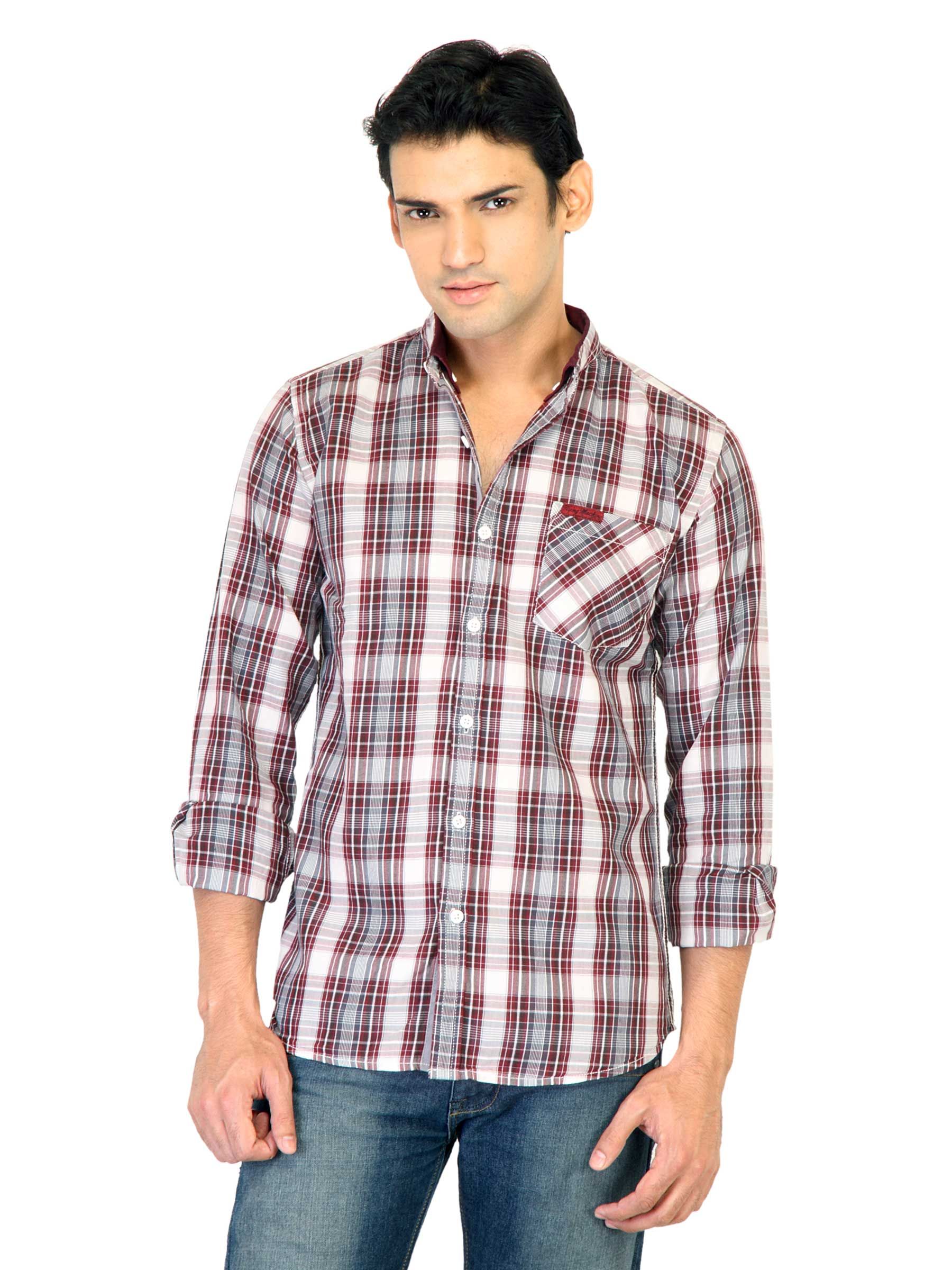 Flying Machine Men Check Maroon Shirts