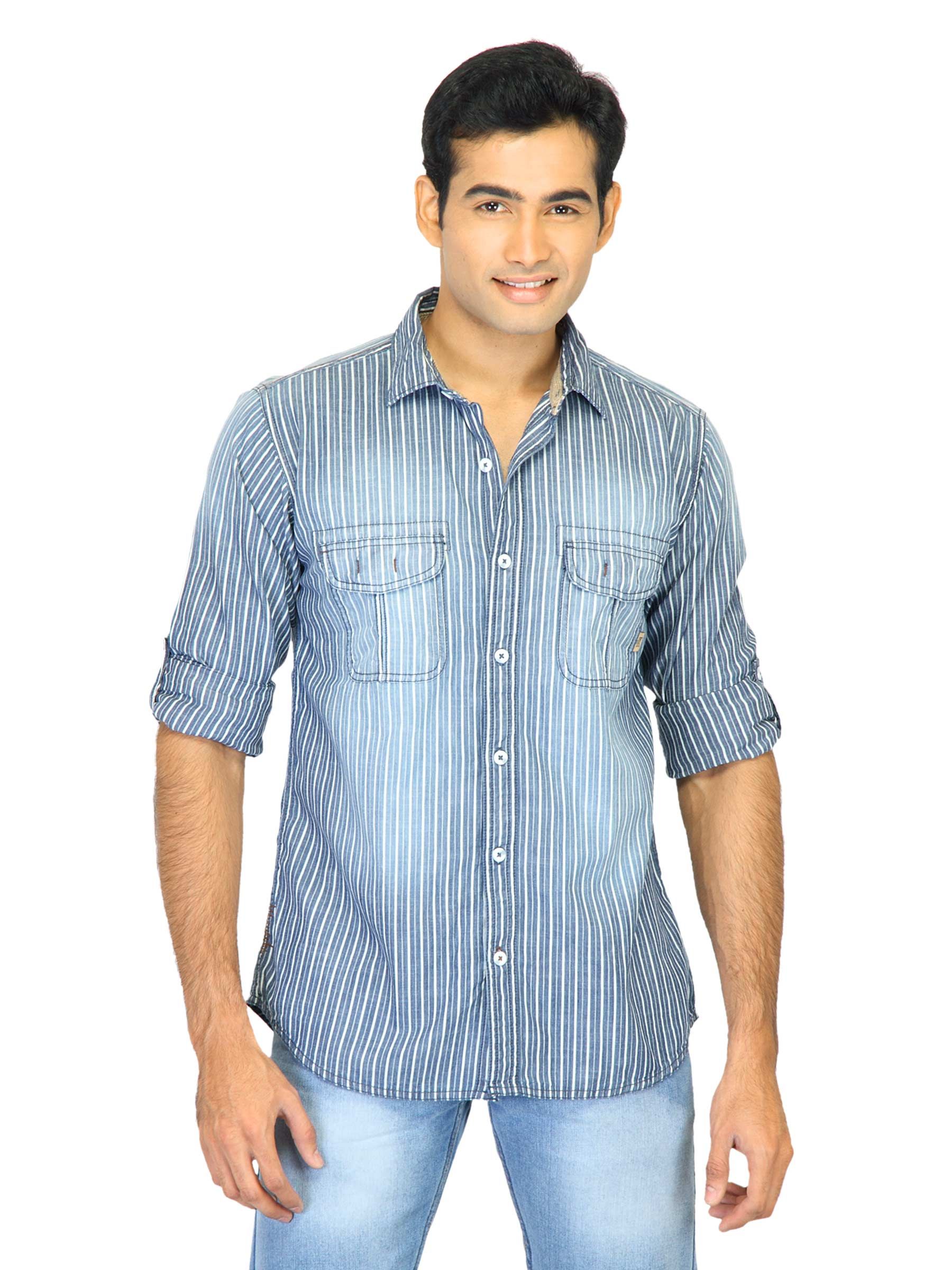 Basics Men Blue Slim Fit Striped Shirt