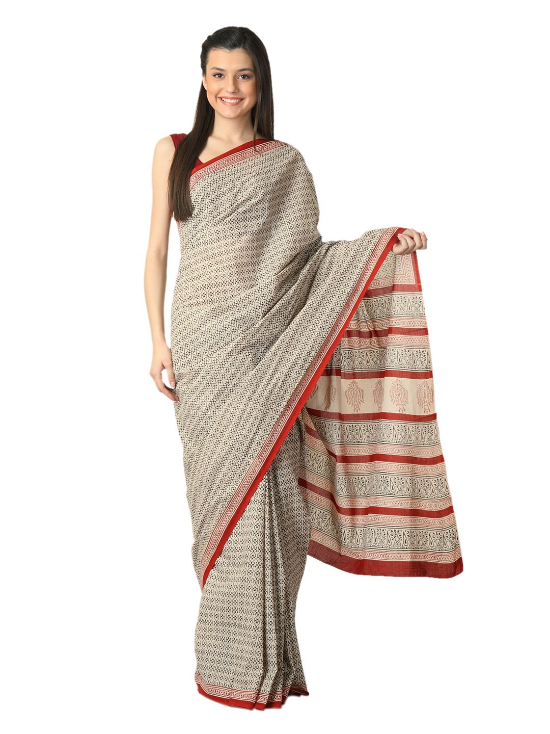 Fabindia Women H& Printed Beige Sari