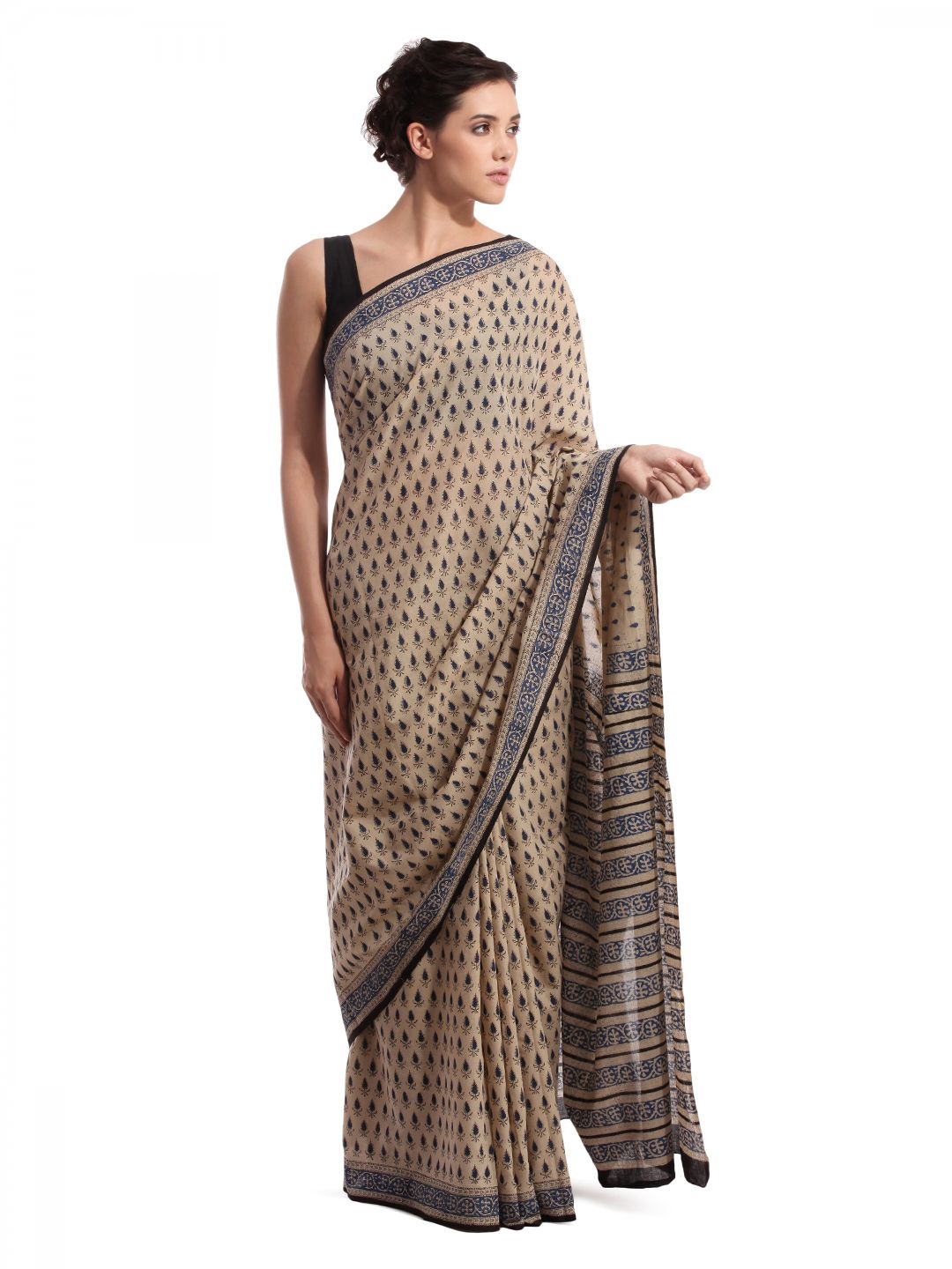 Fabindia Beige Jaipur Print Cotton Sari