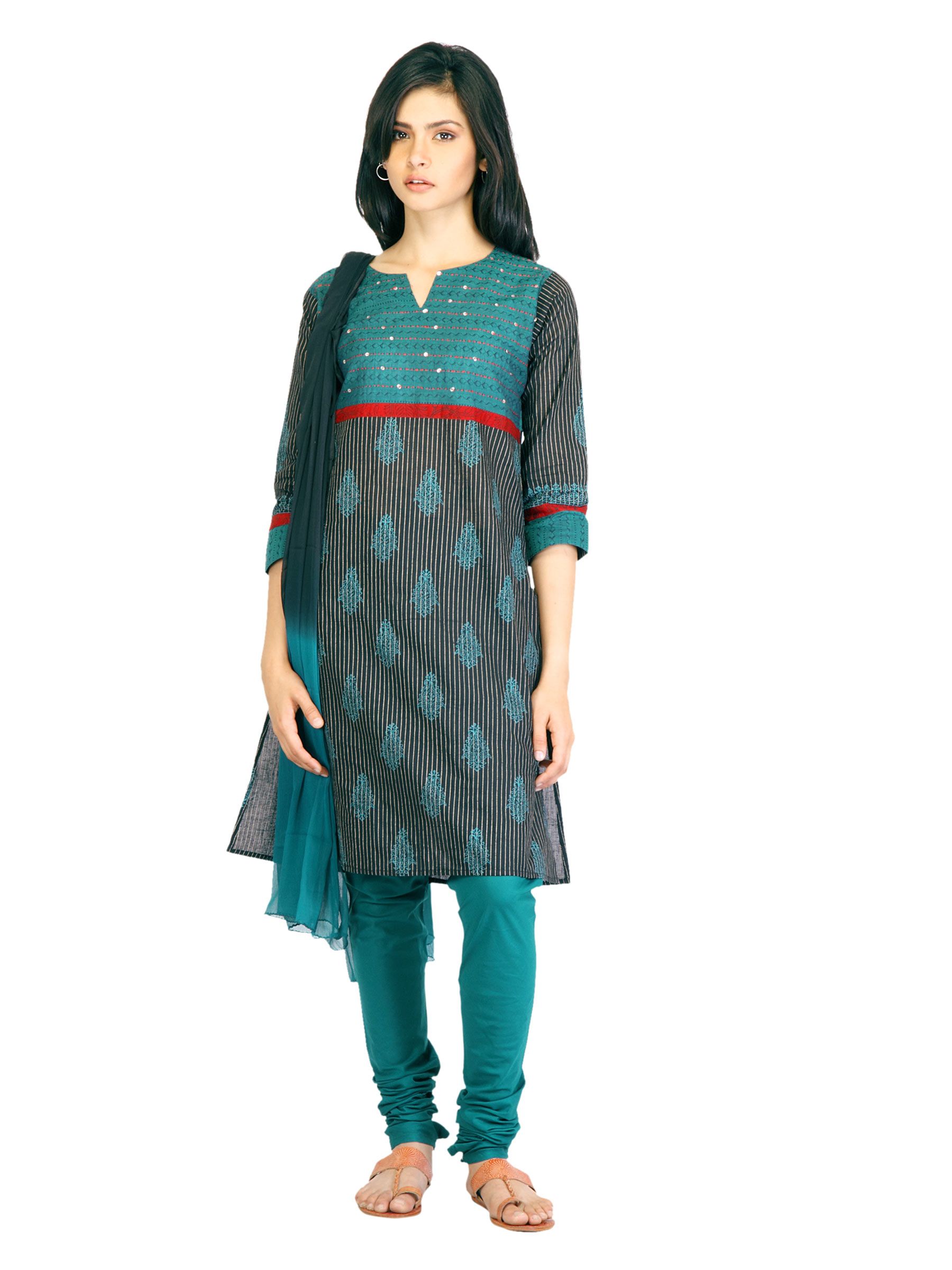 Vishudh Women Green & Black Churidar Kurta with Dupatta