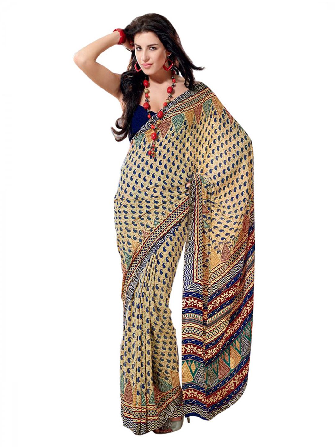 Prafful Beige & Navy Blue Printed Sari