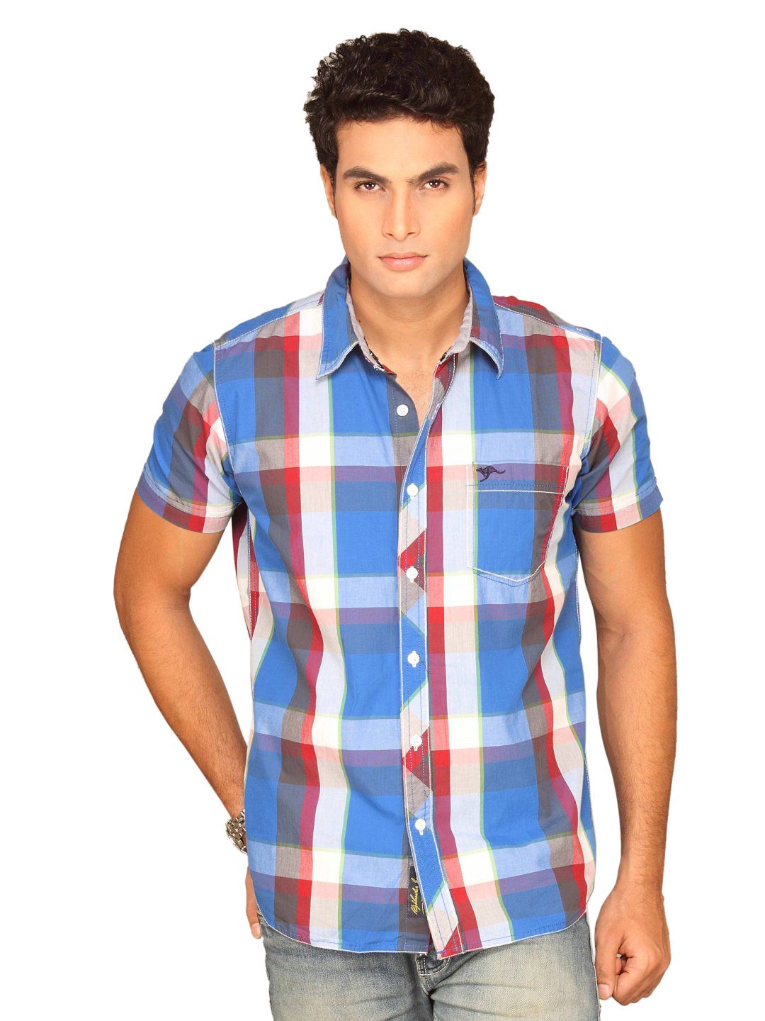 Highlander Men White Blue Checked Slim Fit Shirt
