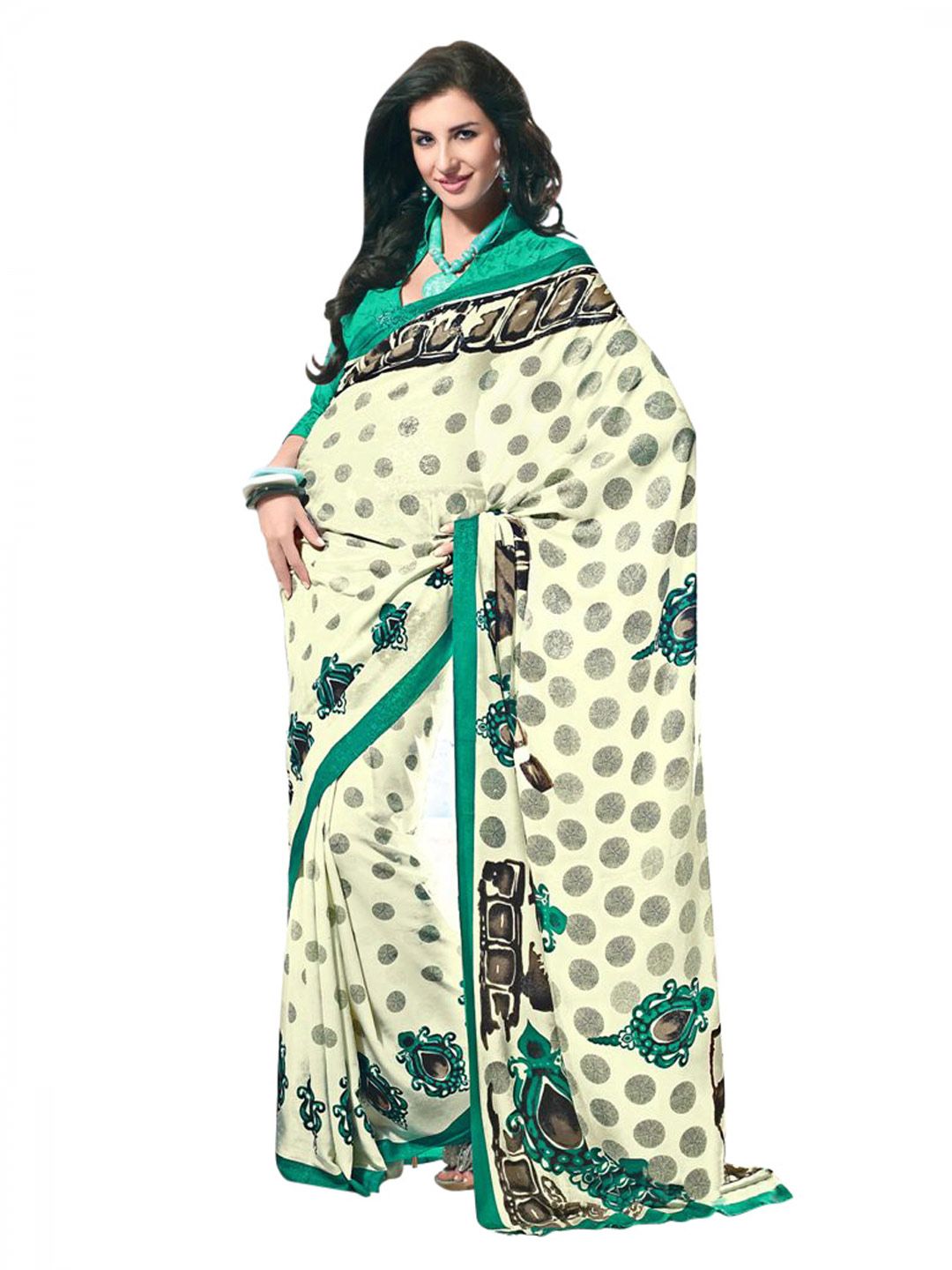 Prafful Women Cream Crepe Sari