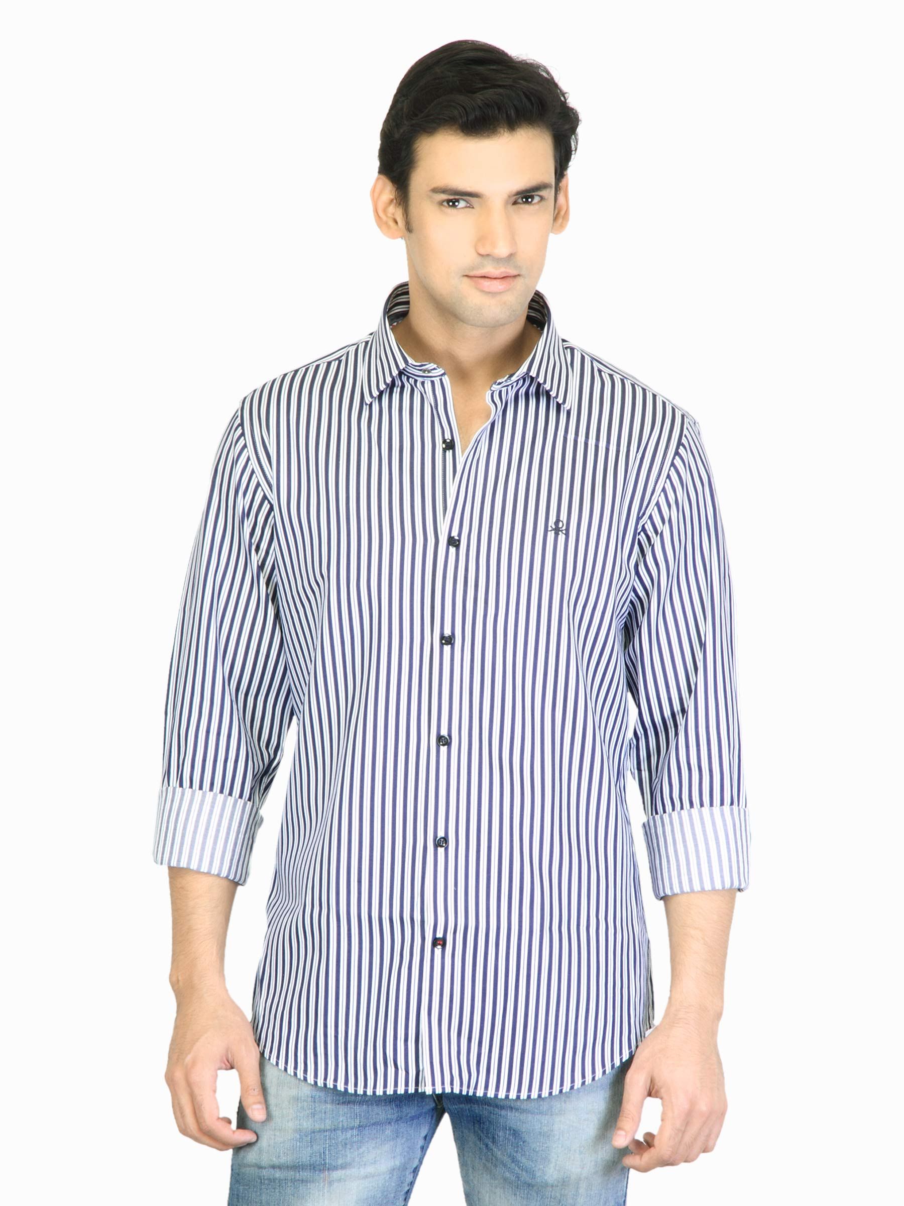United Colors of Benetton Men Navy Blue Striped Shirt