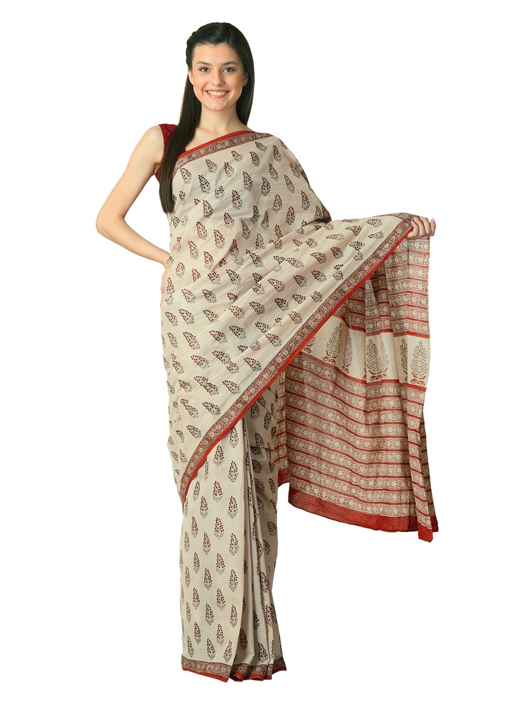 Fabindia Women H& Printed Beige Sari
