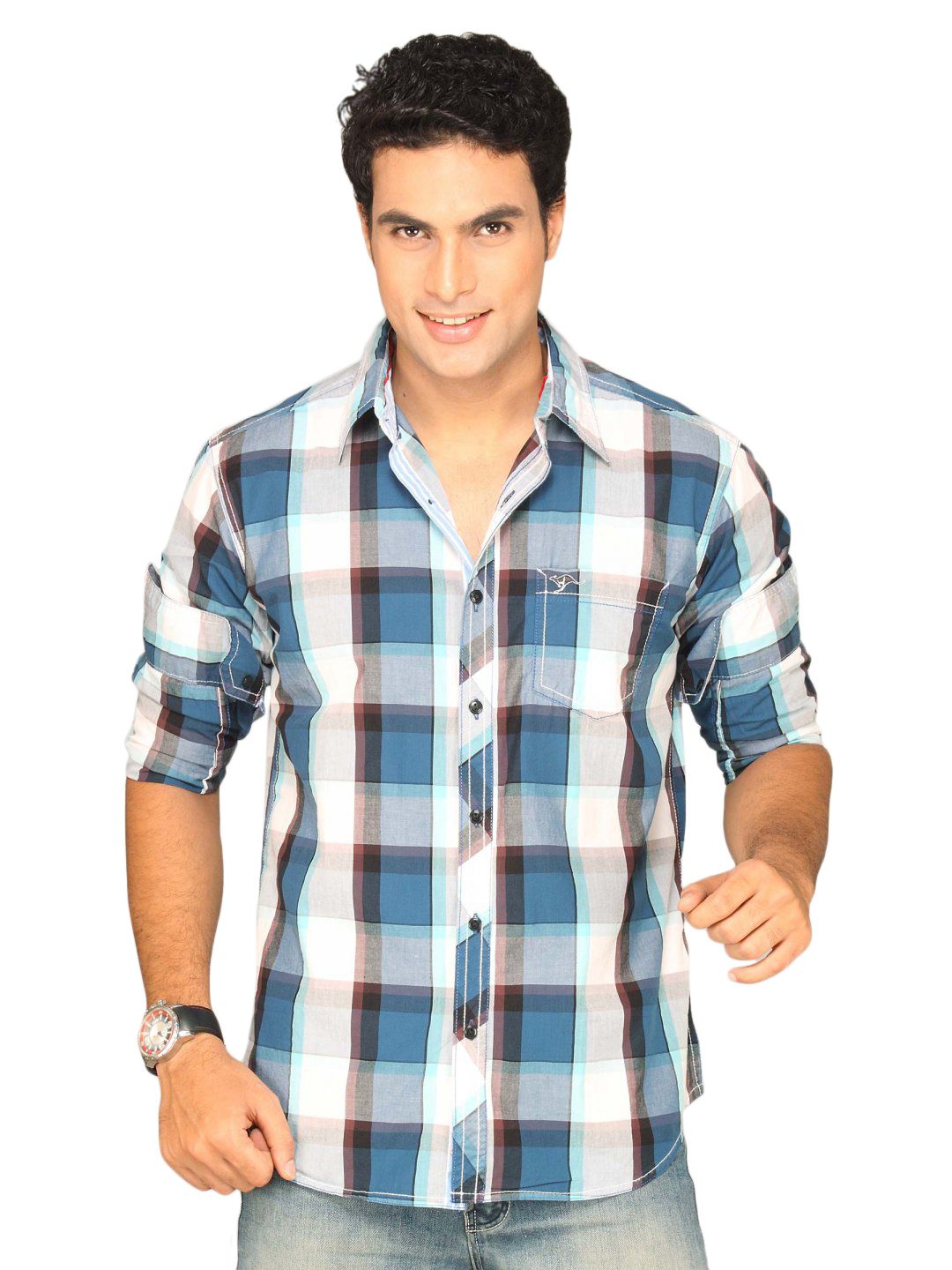 Highlander Men Grey Blue Checked Slim Fit Shirt