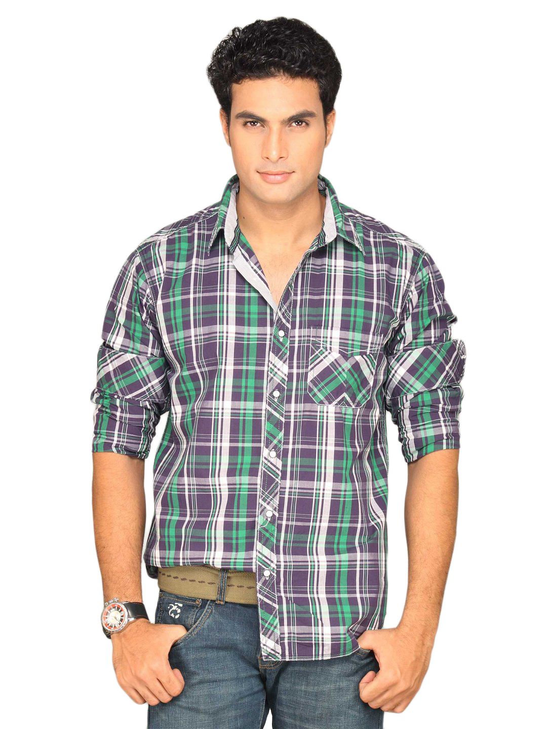 Highlander Men Purple Green Checked Shirt