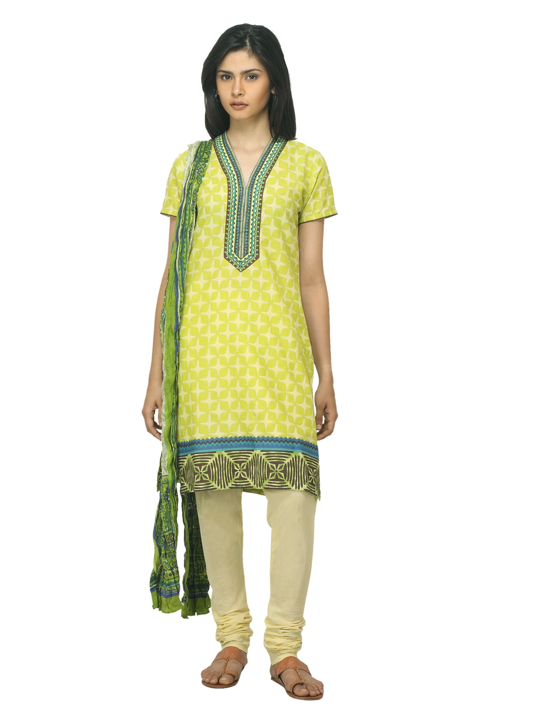 Biba Outlet Women Green Printed Churidar Kurta with Dupatta