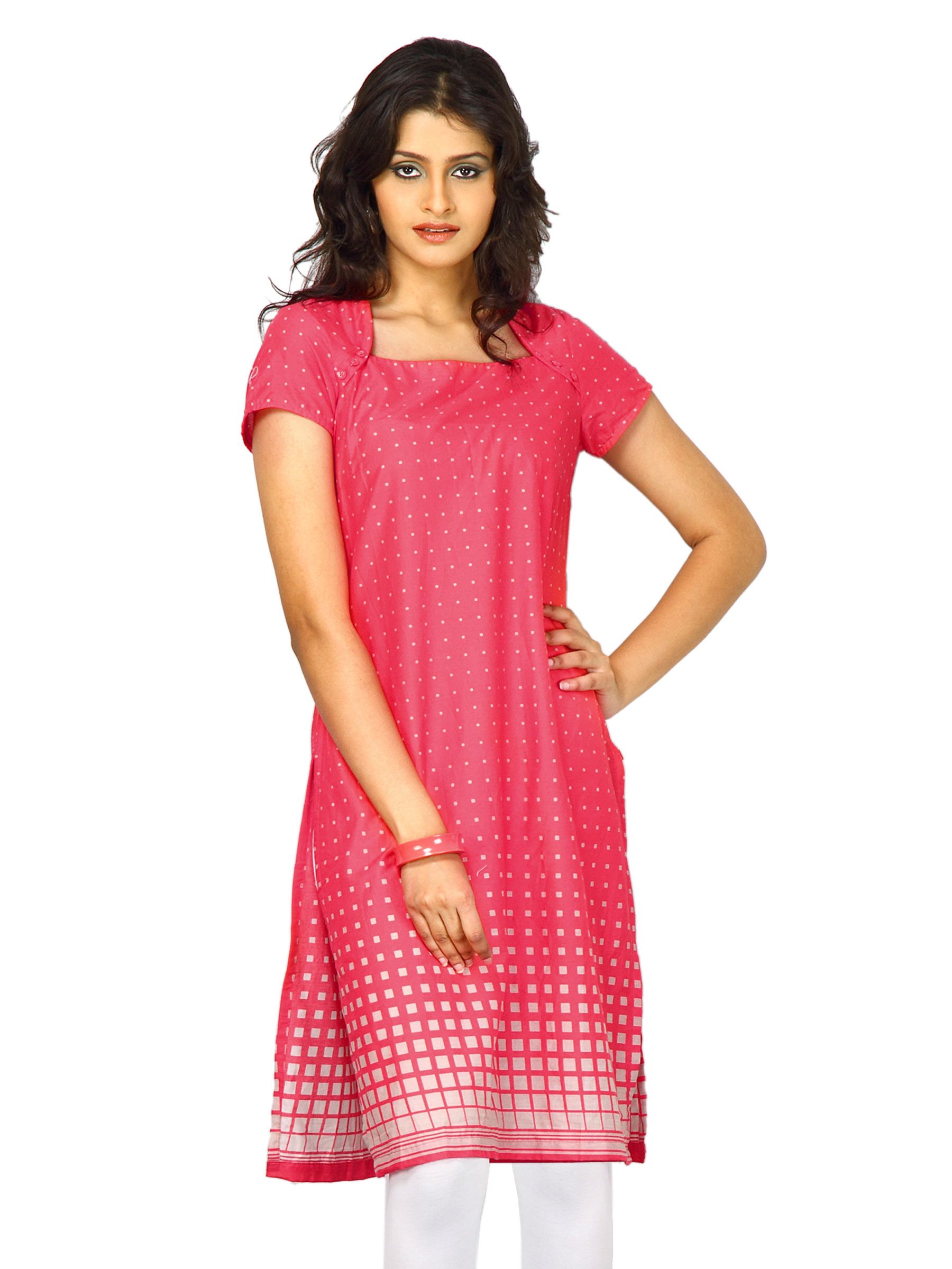 W Women V Neck Short Sleeve Pink Kurta