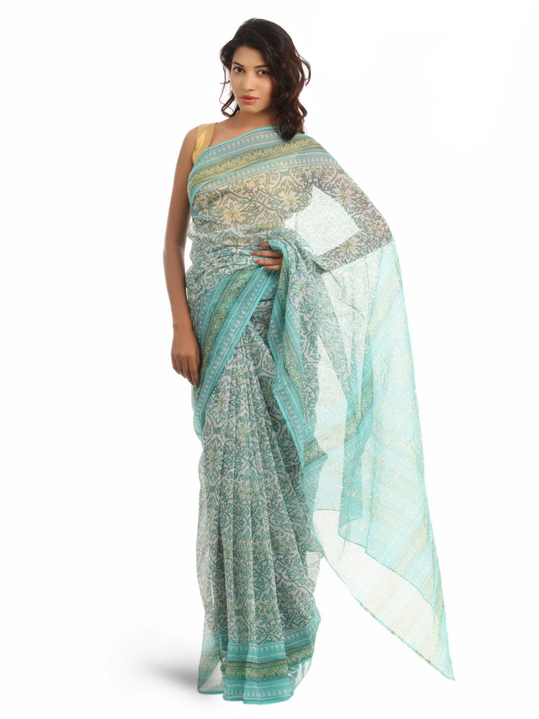 Fabindia Turquoise Blue Hand Printed Sari