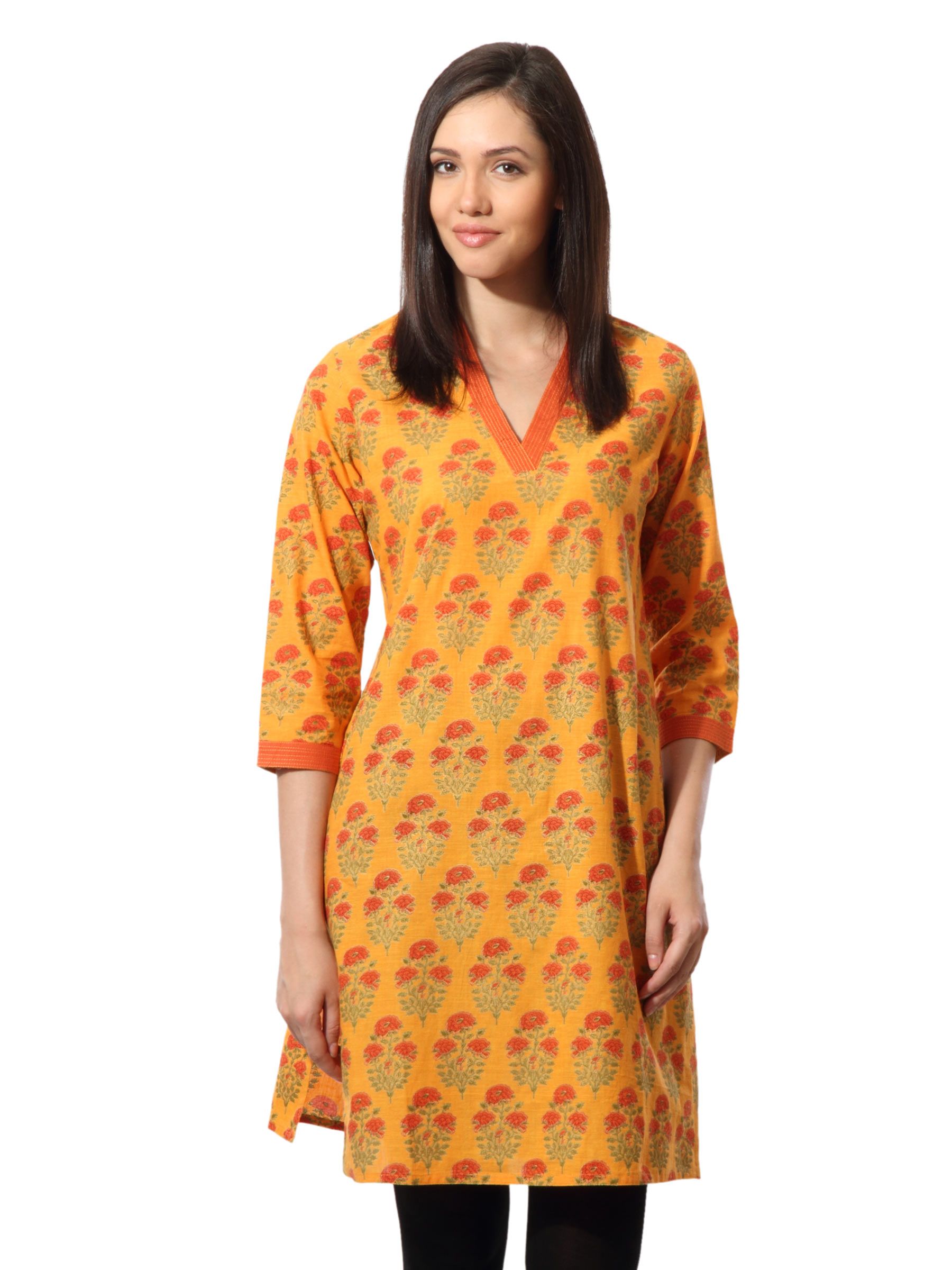 Fabindia Women Printed Mustard Kurta