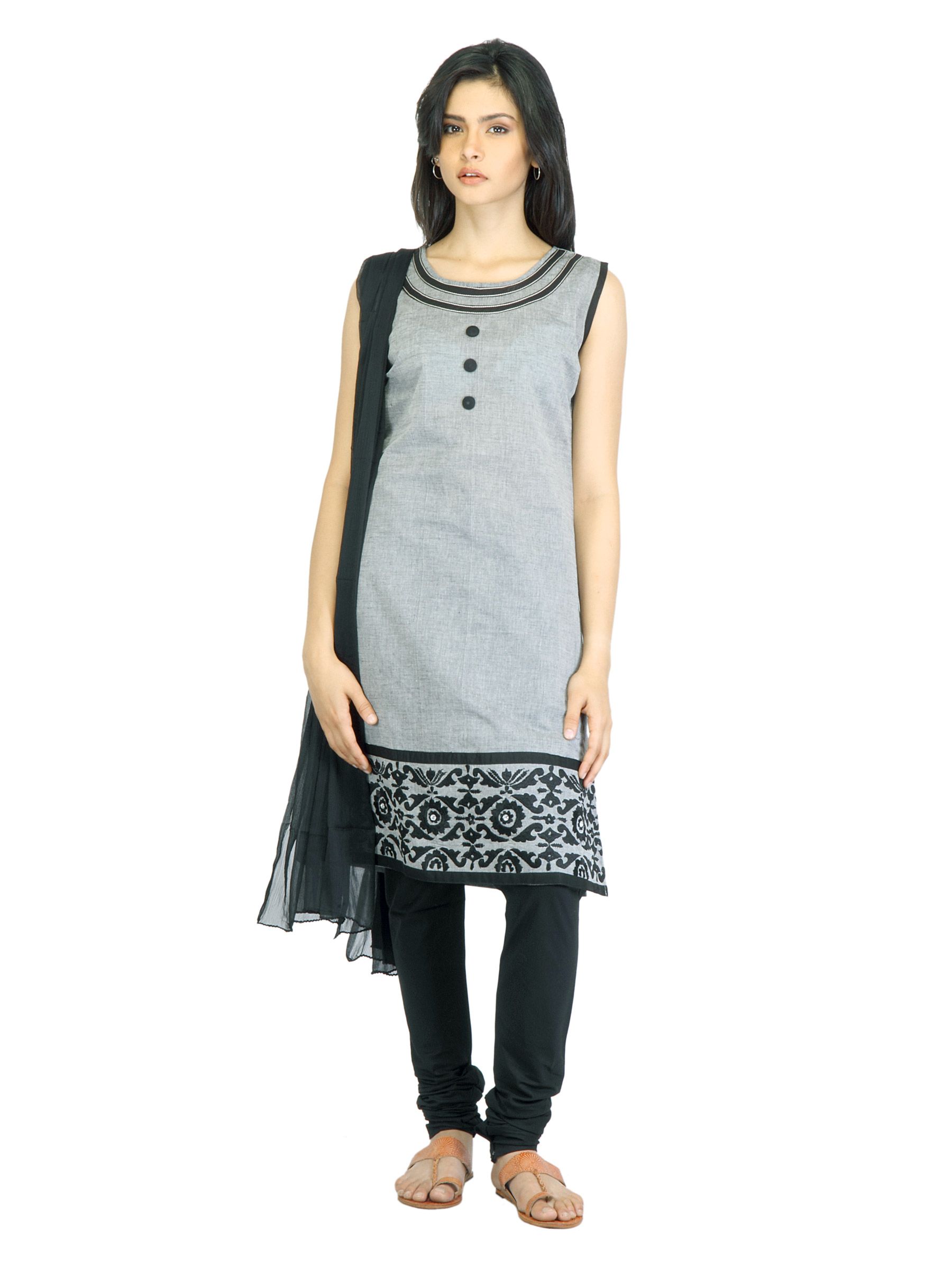 Vishudh Women Grey & Black Churidar Kurta with Dupatta