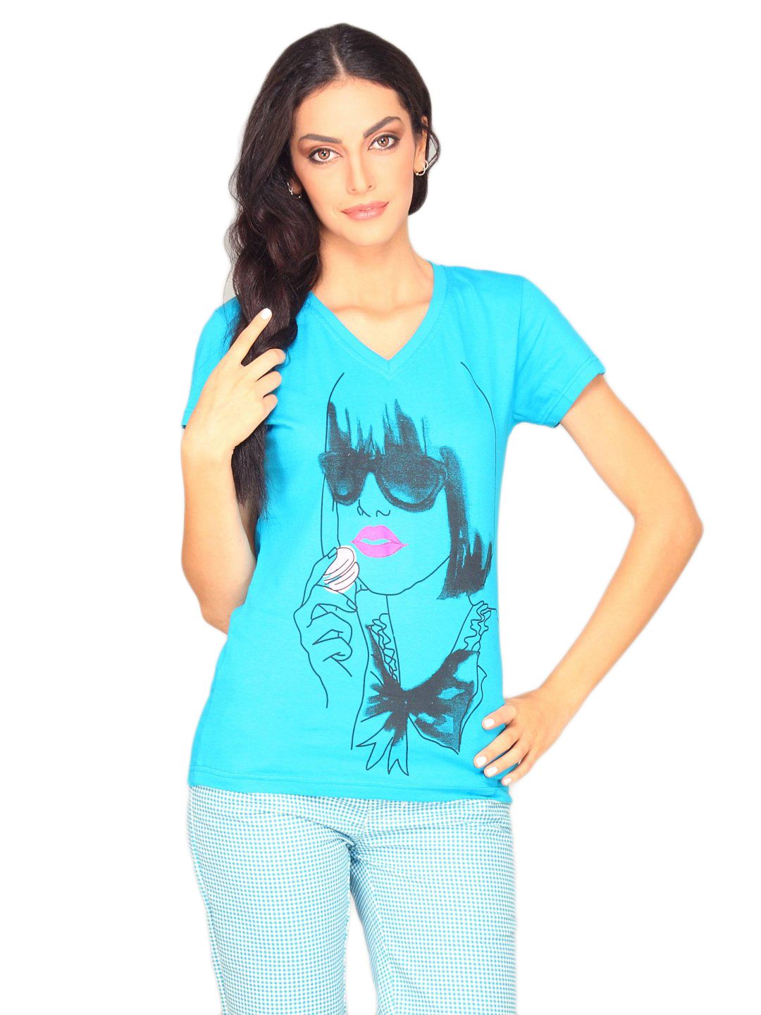 Jealous 21 Women V Neck Blue Graphic Top