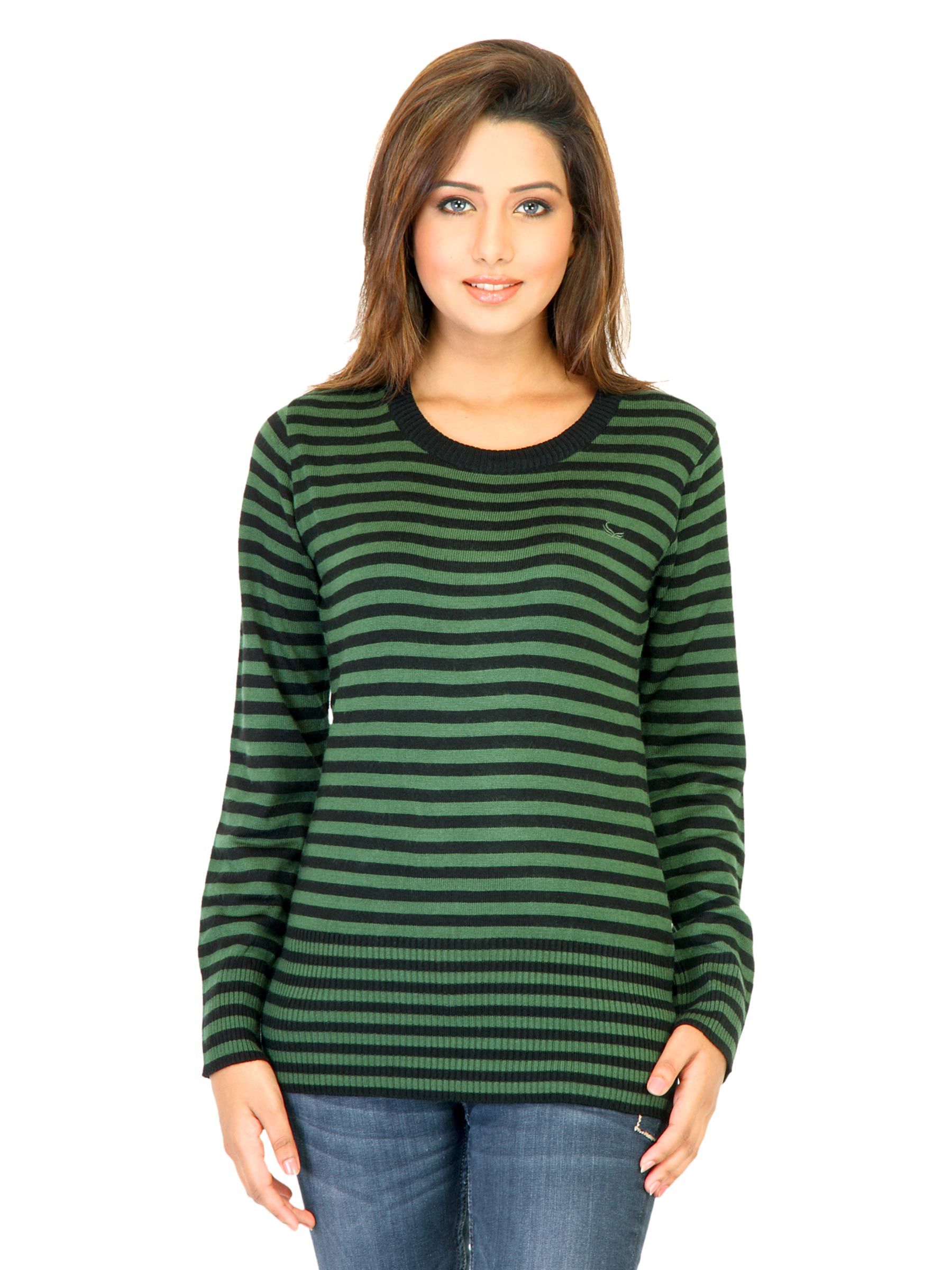 Flying Machine Women Stripes Green Sweaters