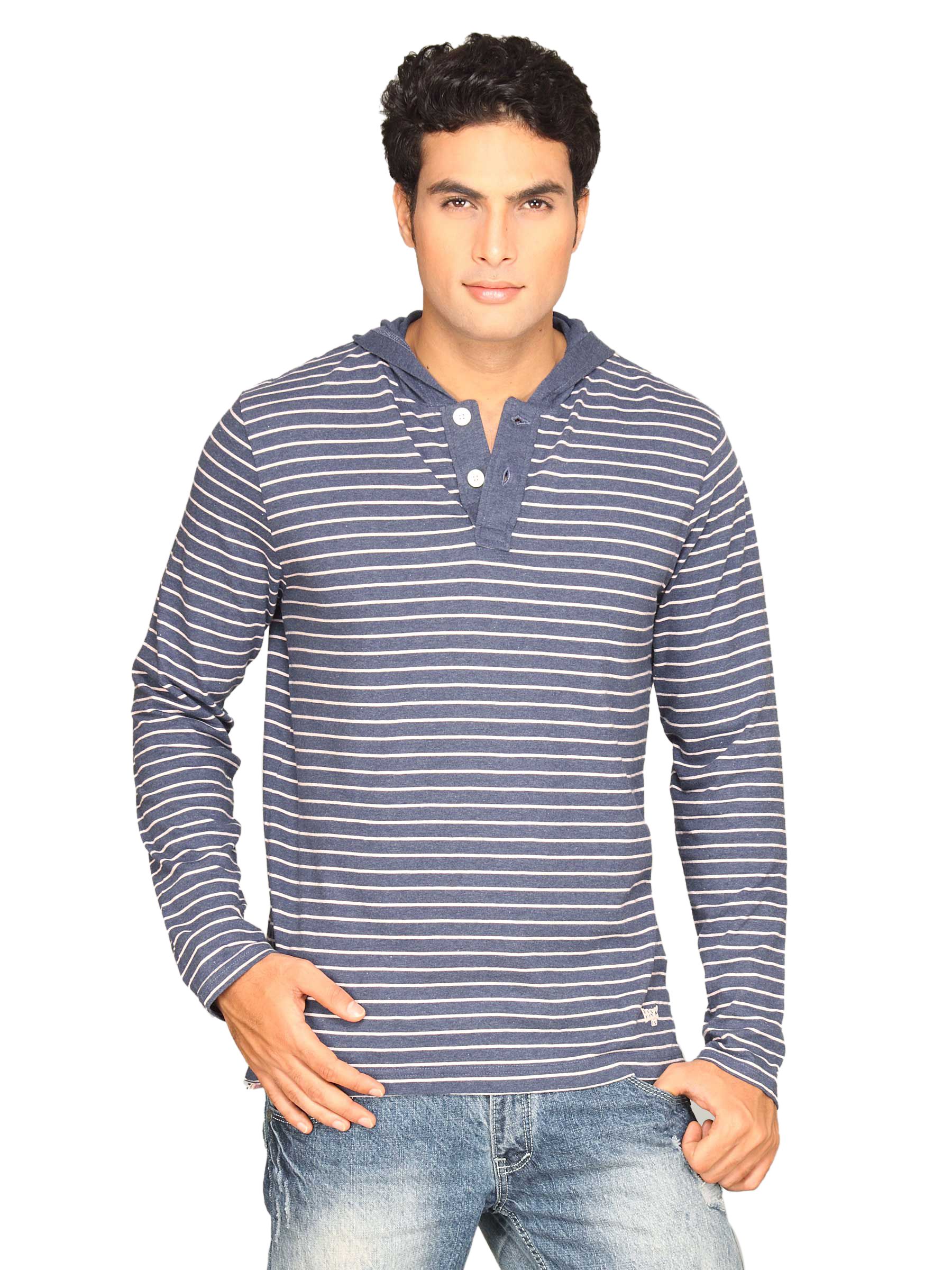 Basics Men Navy & White Striped Hooded T-shirt