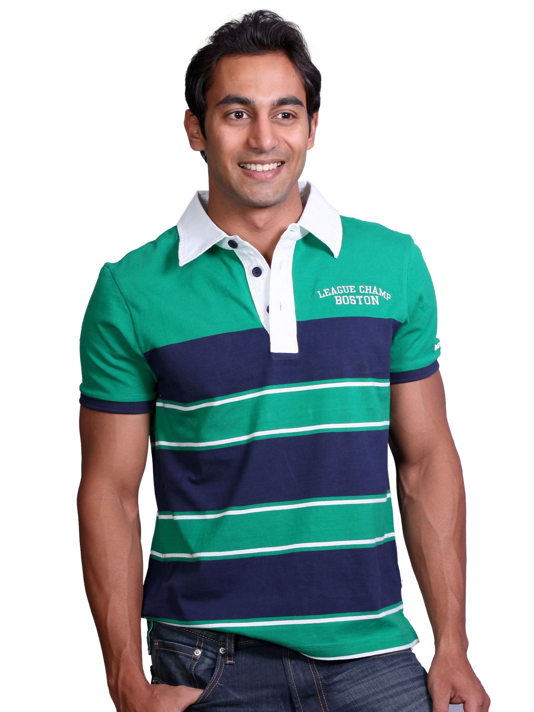 Reebok Men Basil Green & Blue Polo T-shirt
