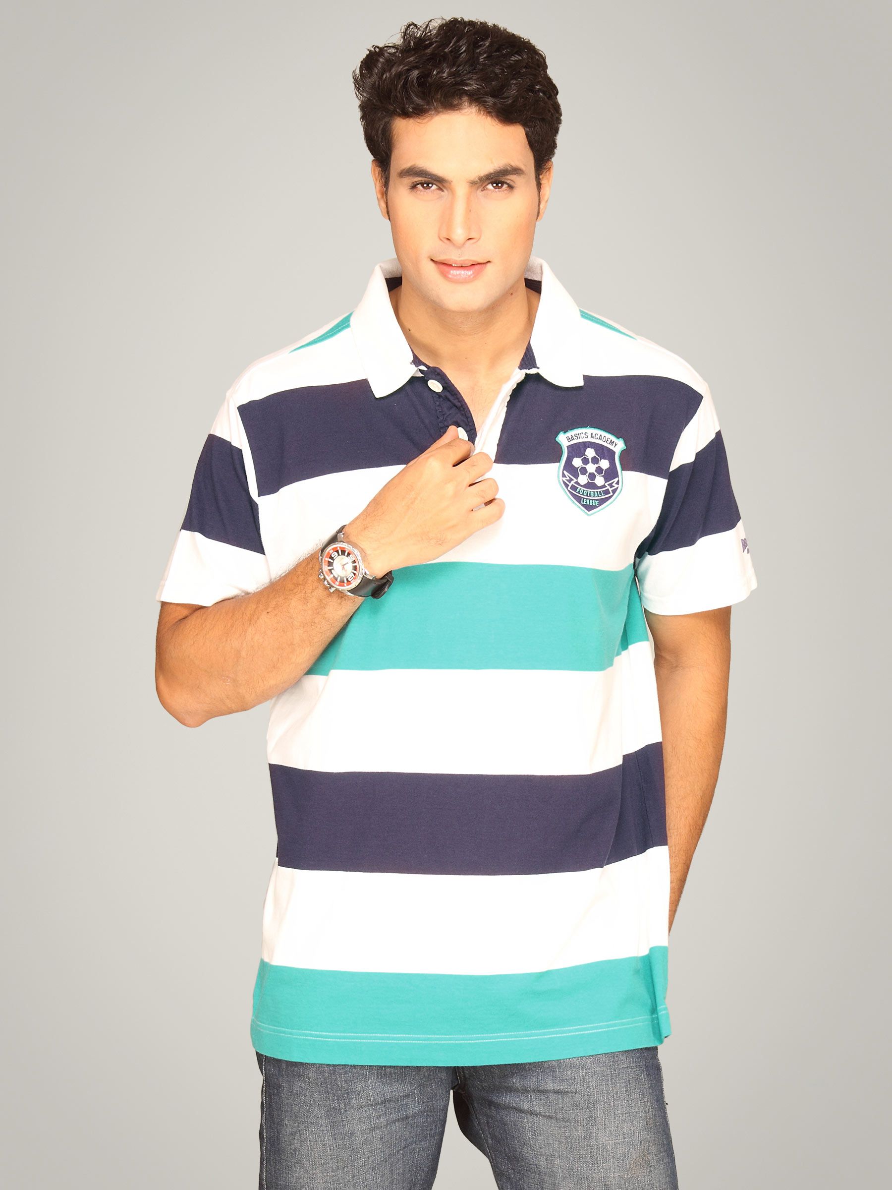 Basics Men Navy Academy Football League Striped Polo T-shirt
