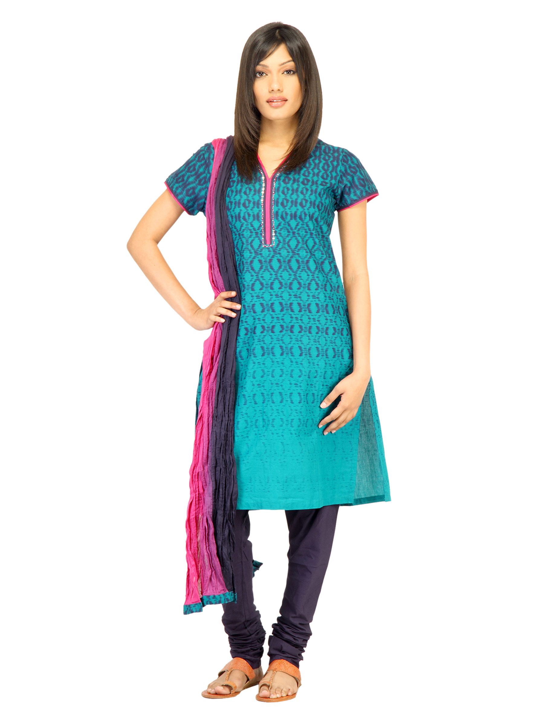 Biba Women Blue Printed Churidar Kurta with Dupatta
