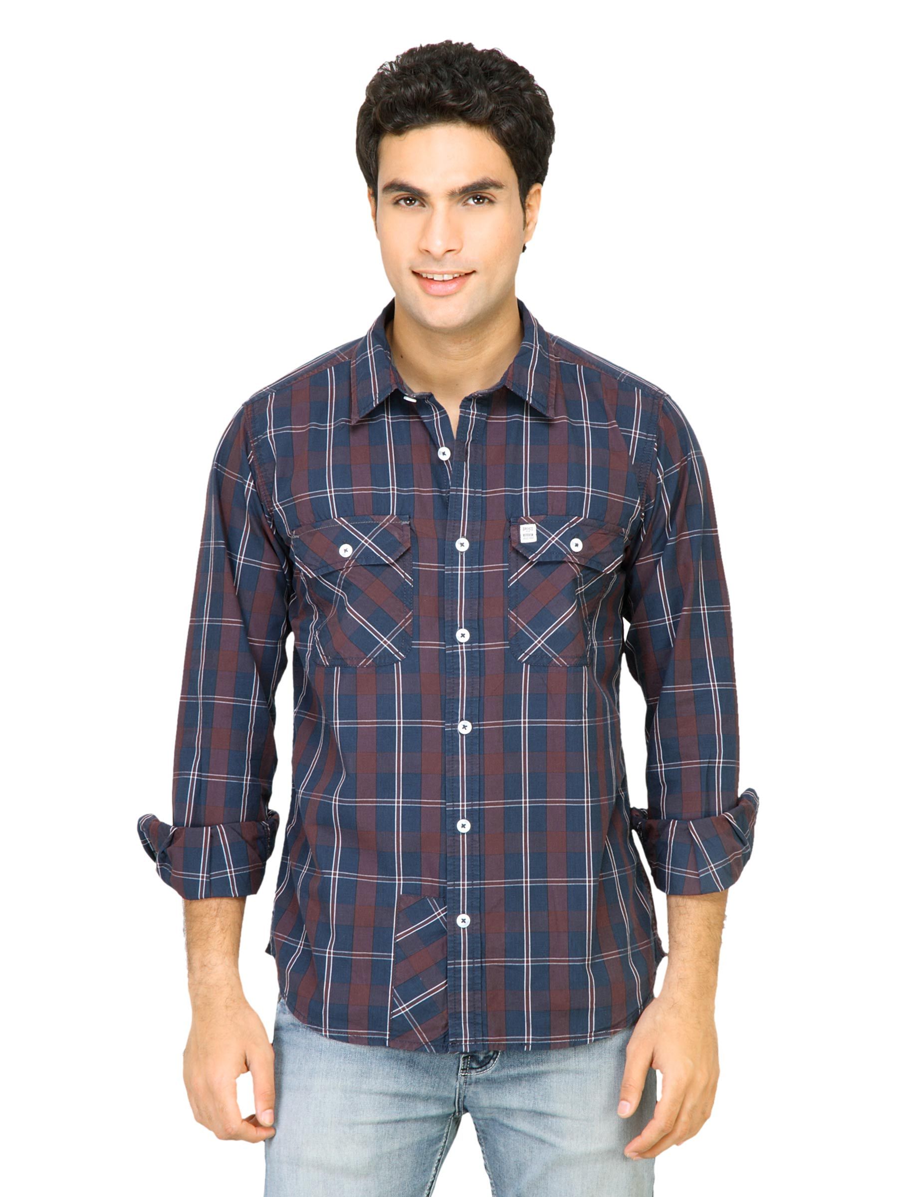 Basics Men Navy Blue Slim Fit Checked Shirt