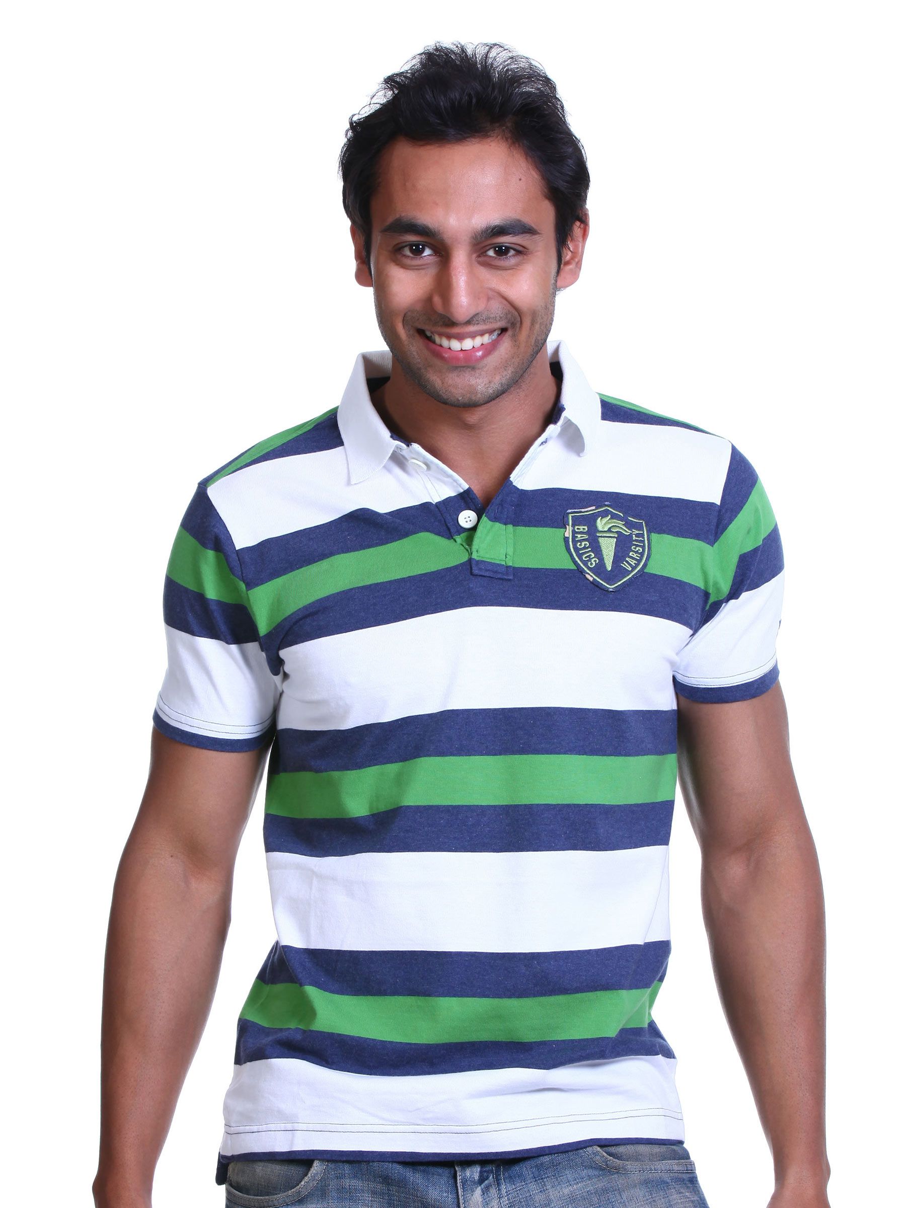 Basics Men Green & White T-shirt