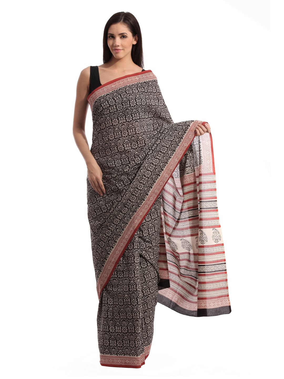 Fabindia H& Printed Black Cotton Sari