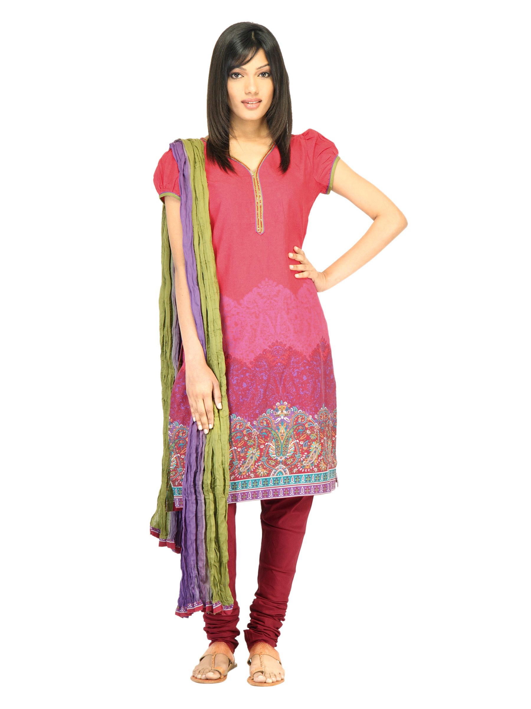 Biba Women Red Printed Churidar Kurta with Dupatta