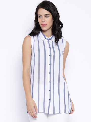 ONLY White & Blue Striped Sleeveless Shirt at myntra