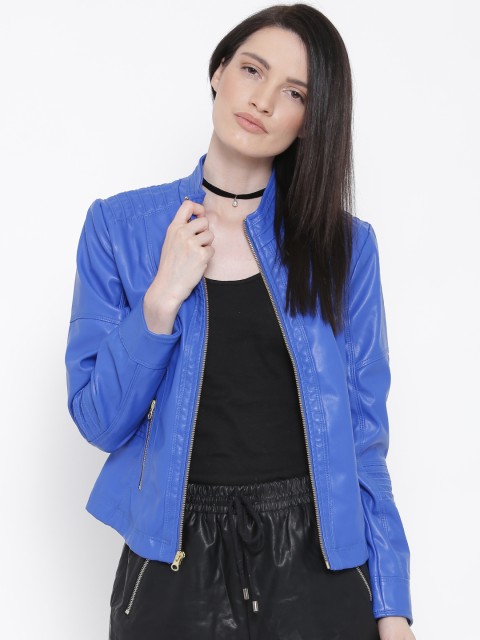 Fort Collins Blue Faux Leather Jacket Jackets For Women Myntra