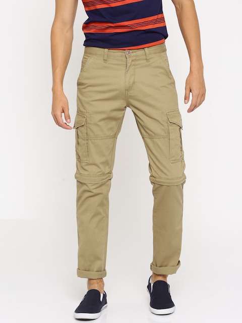 Buy RIG Men Khaki Solid Regular Fit Detachable Cargo Trousers ...
