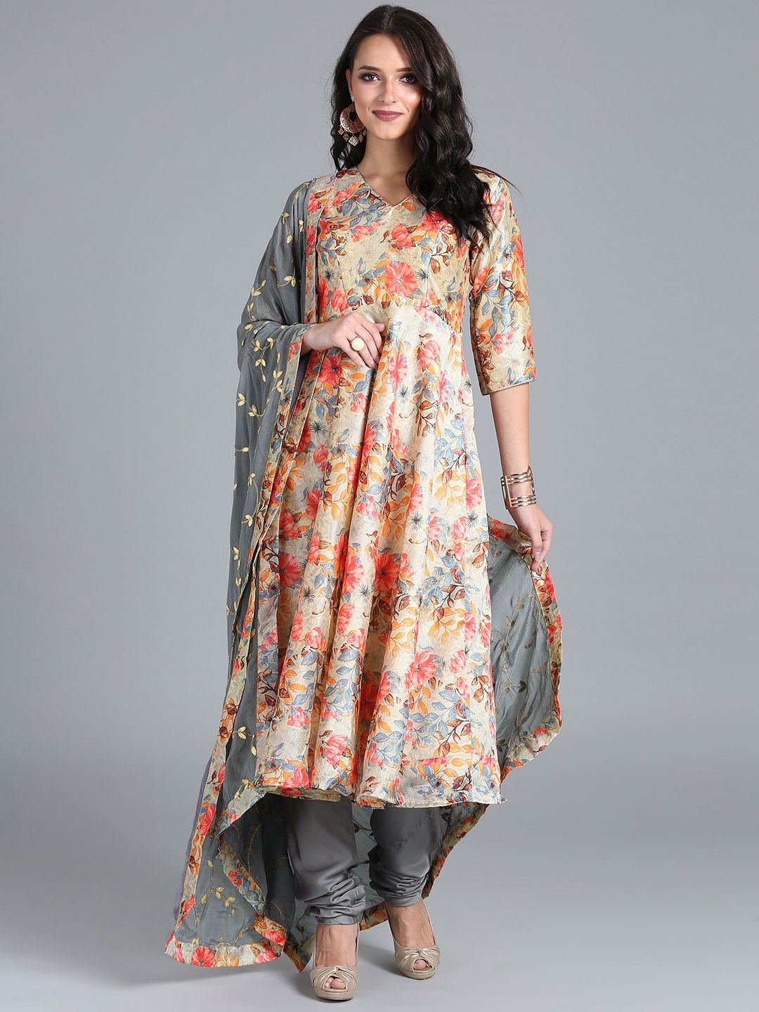 EthnoVogue Women Beige & Grey Made to Measure Custom Made Kurta Set with Jacket