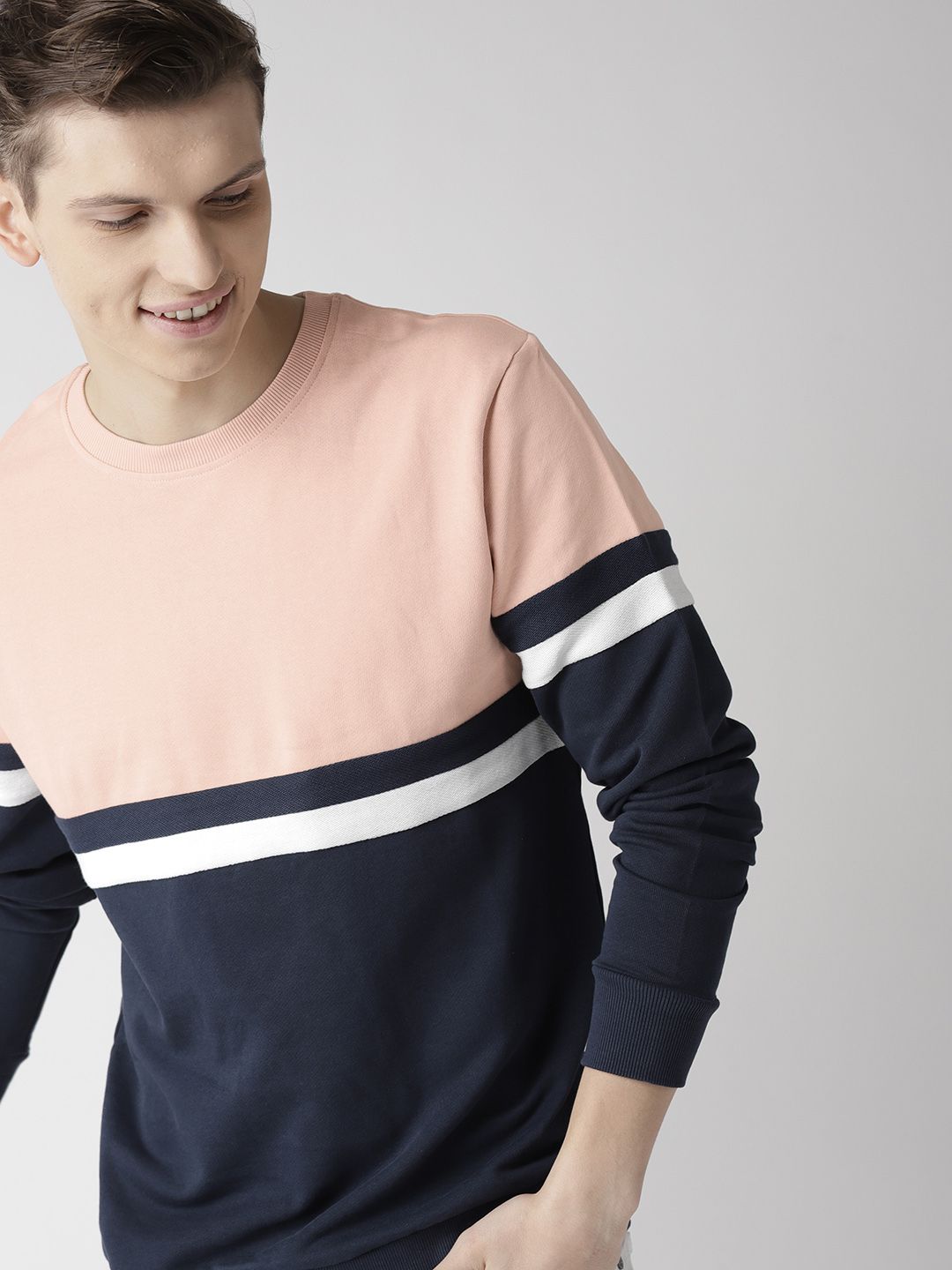 Mast & Harbour Men Peach-Coloured & Navy Blue Colourblocked Sweatshirt-picture-34