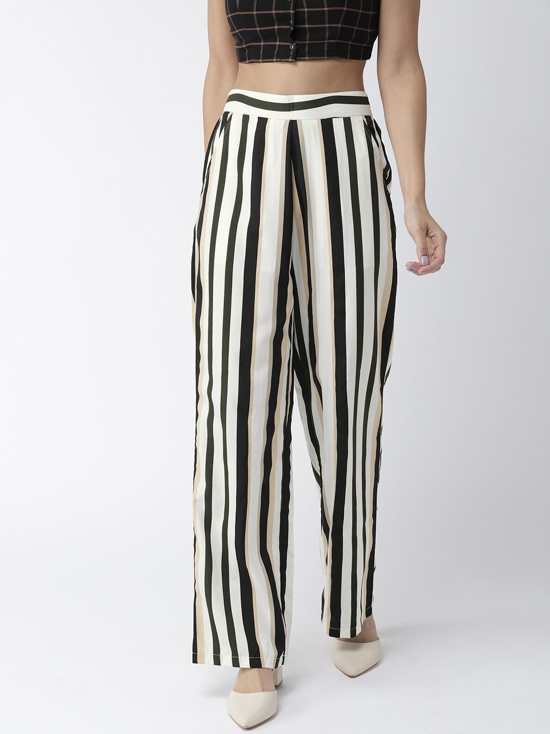 Style Quotient Women Off-White & Black Original Straight Fit Striped Parallel Trousers-picture-10