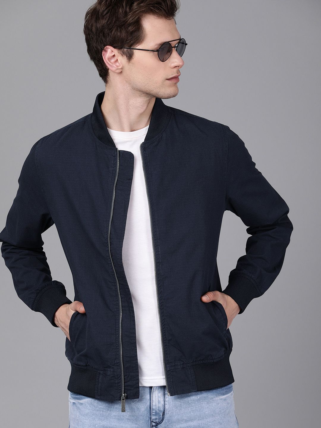 Buy WROGN WROGN Men Navy Blue Solid Slim Fit Bomber Jacket at Redfynd