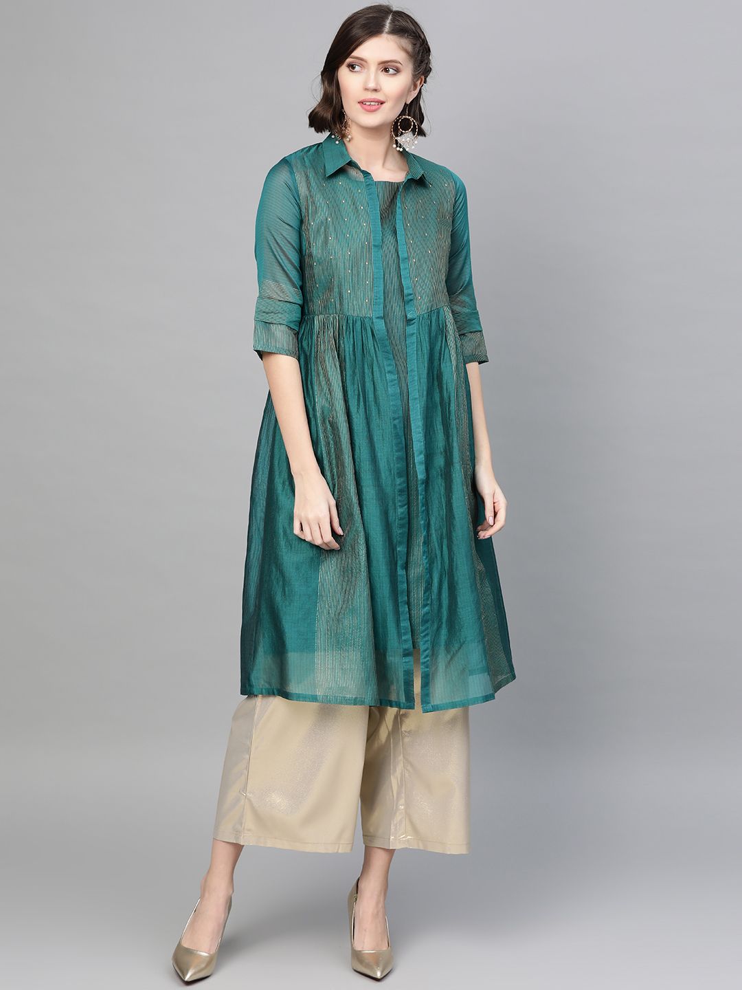 W Women Teal Green & Golden Striped A-Line Layered Kurta-picture-30