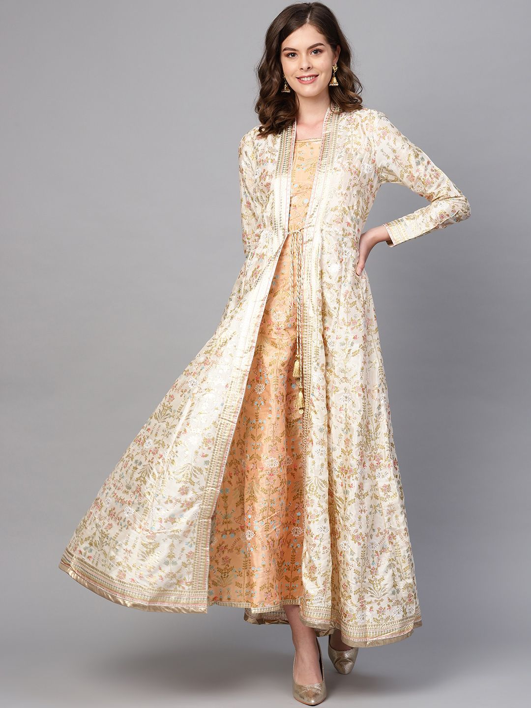 W Women Cream-Coloured & Golden Floral Printed Layered Maxi Dress