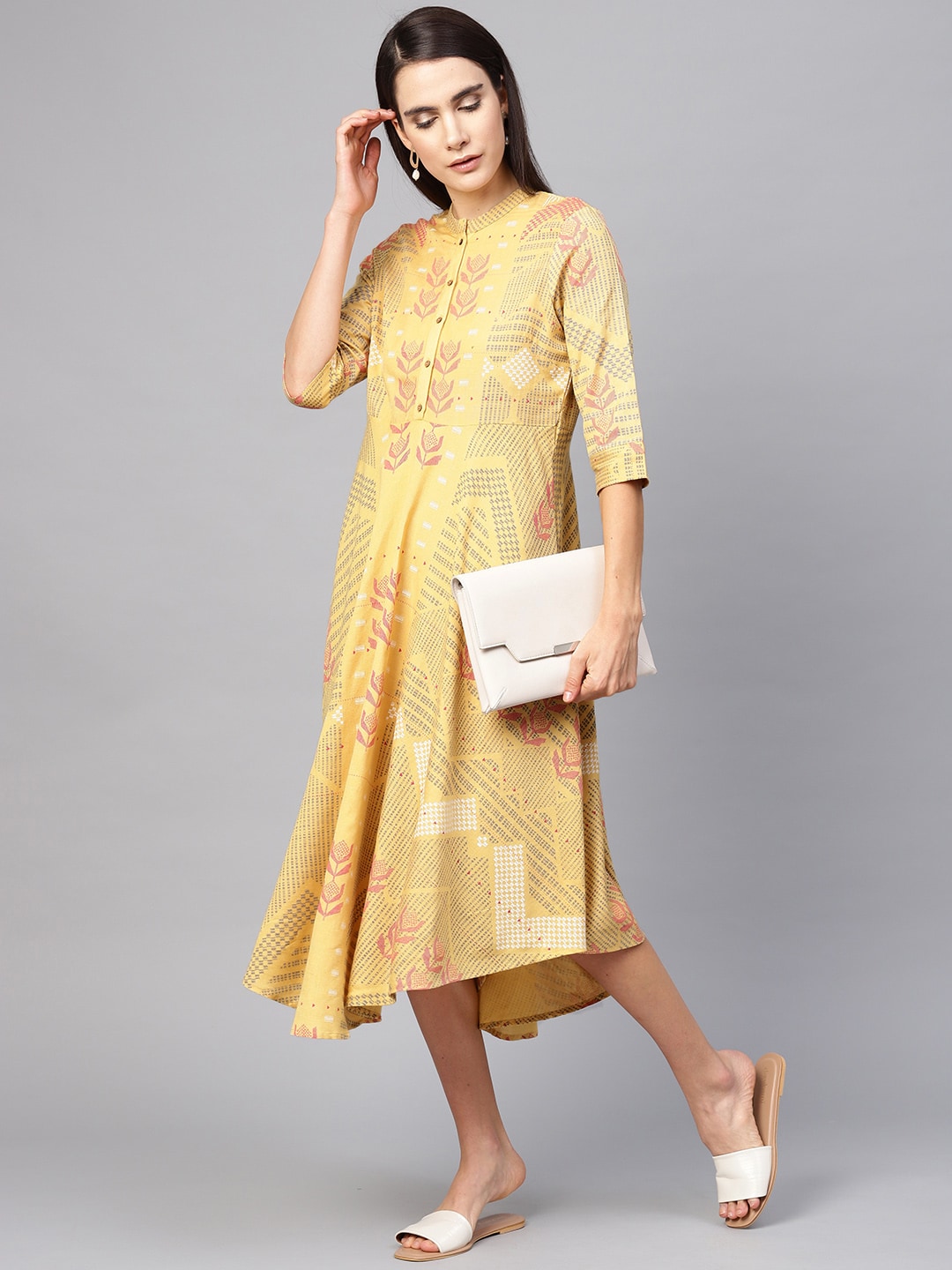 W Women Yellow & Pink Printed A-Line Dress