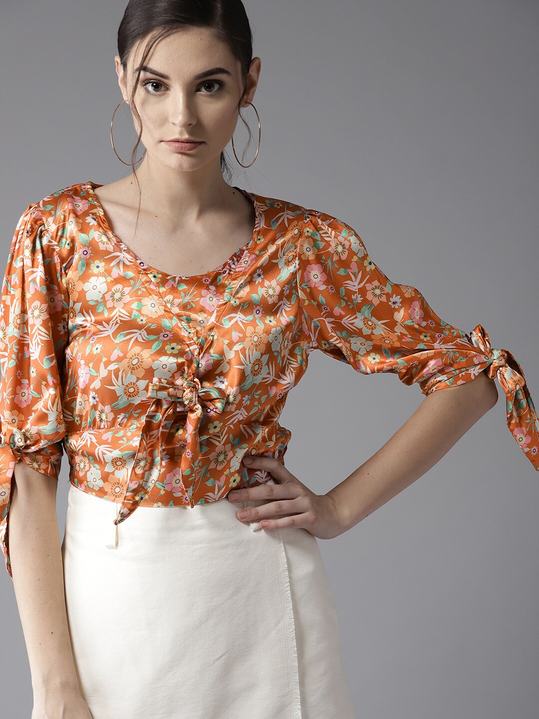 Moda Rapido Women Orange Floral Print Crop Top With Satin Finish