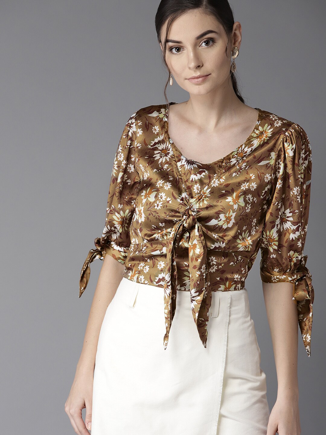 Moda Rapido Women Olive Brown Floral Print Crop Top With Satin Finish