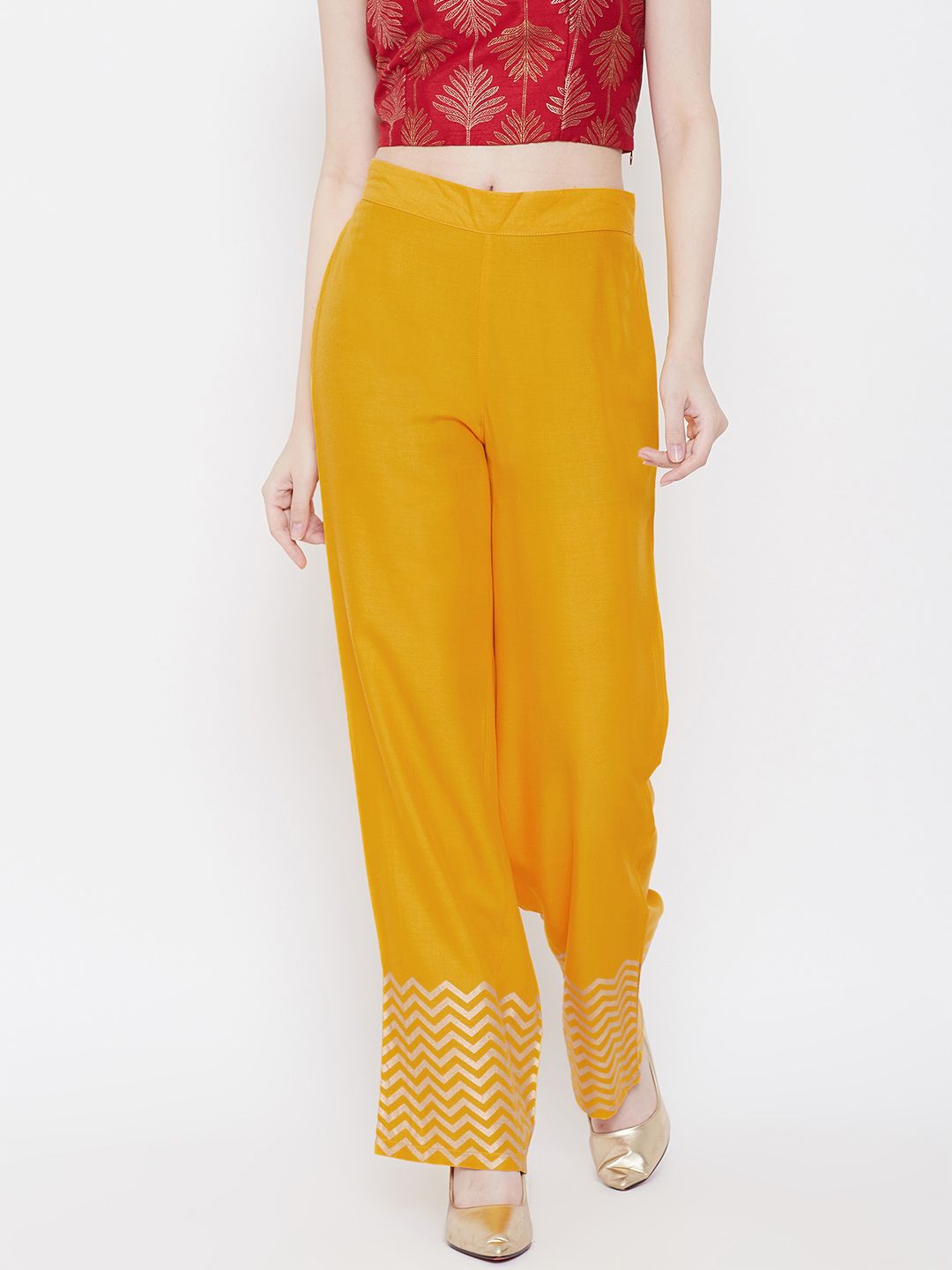 Be Indi Women Mustard Yellow & Golden Hem Design Straight Palazzos-picture-28