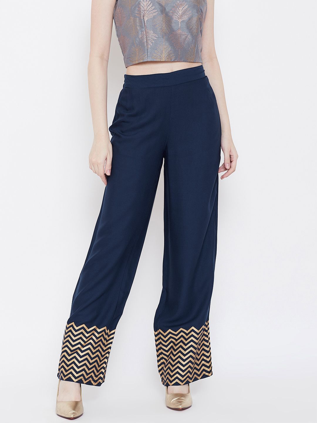Be Indi Women Navy Blue & Golden Hem Design Straight Palazzos-picture-18