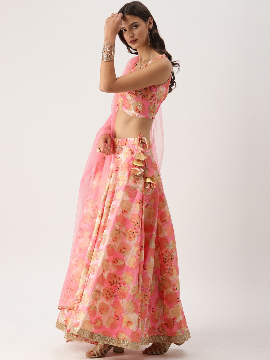 IMARA Coral Pink & Gold-Toned Woven Design Ready to Wear Lehenga & Blouse with Dupatta