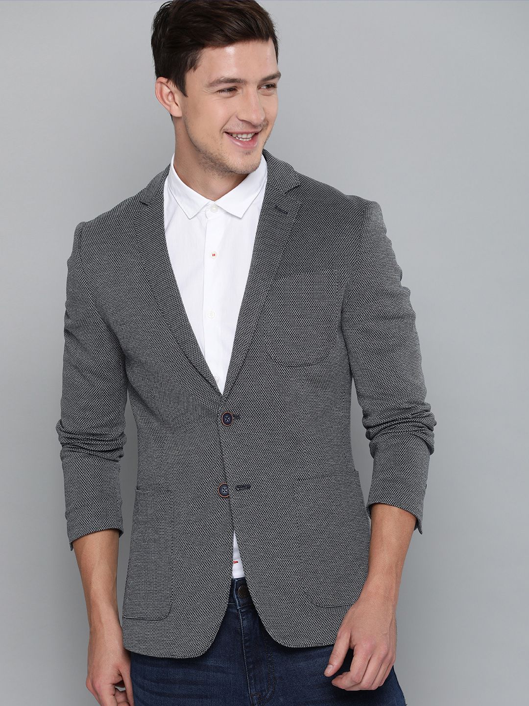 Louis Philippe Sport Men Charcoal Grey Knit Fit Single-Breasted Smart  Casual Blazer