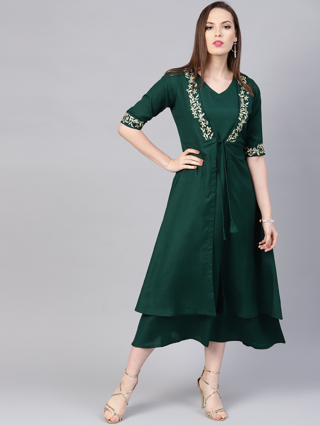Libas Women Green Solid A-Line Dress with Ethnic Jacket