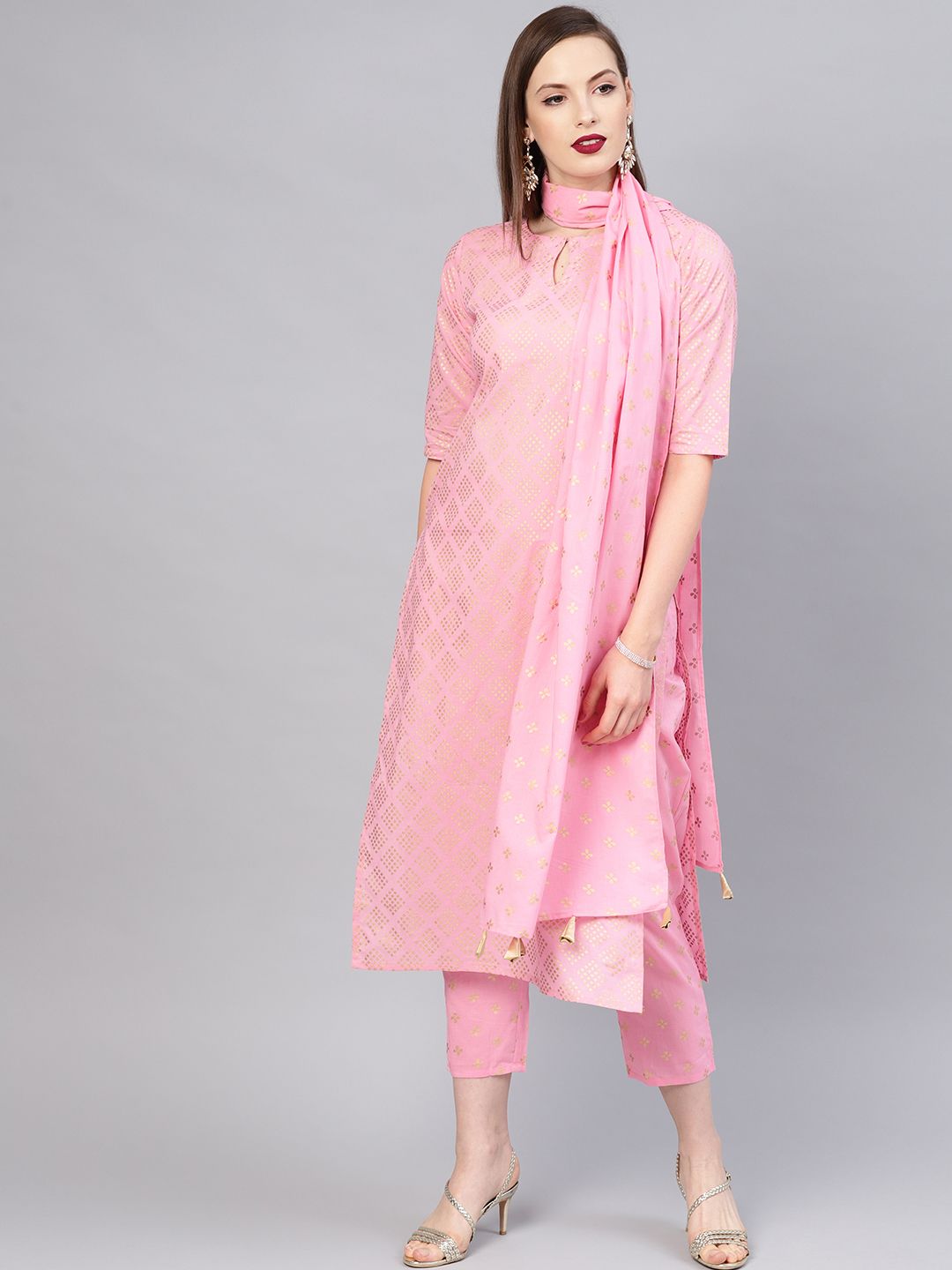 Libas Rosy Pink Rhombus Block Print Pure Cotton Kurta Set